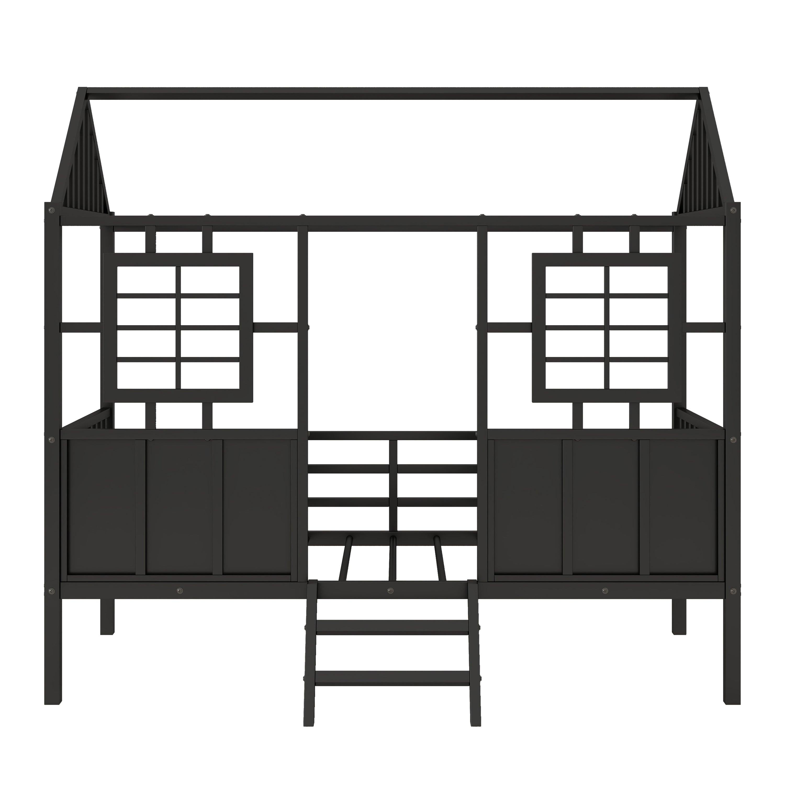 Twin Size Metal Low Loft House Bed with Roof and Two Front Windows , Black