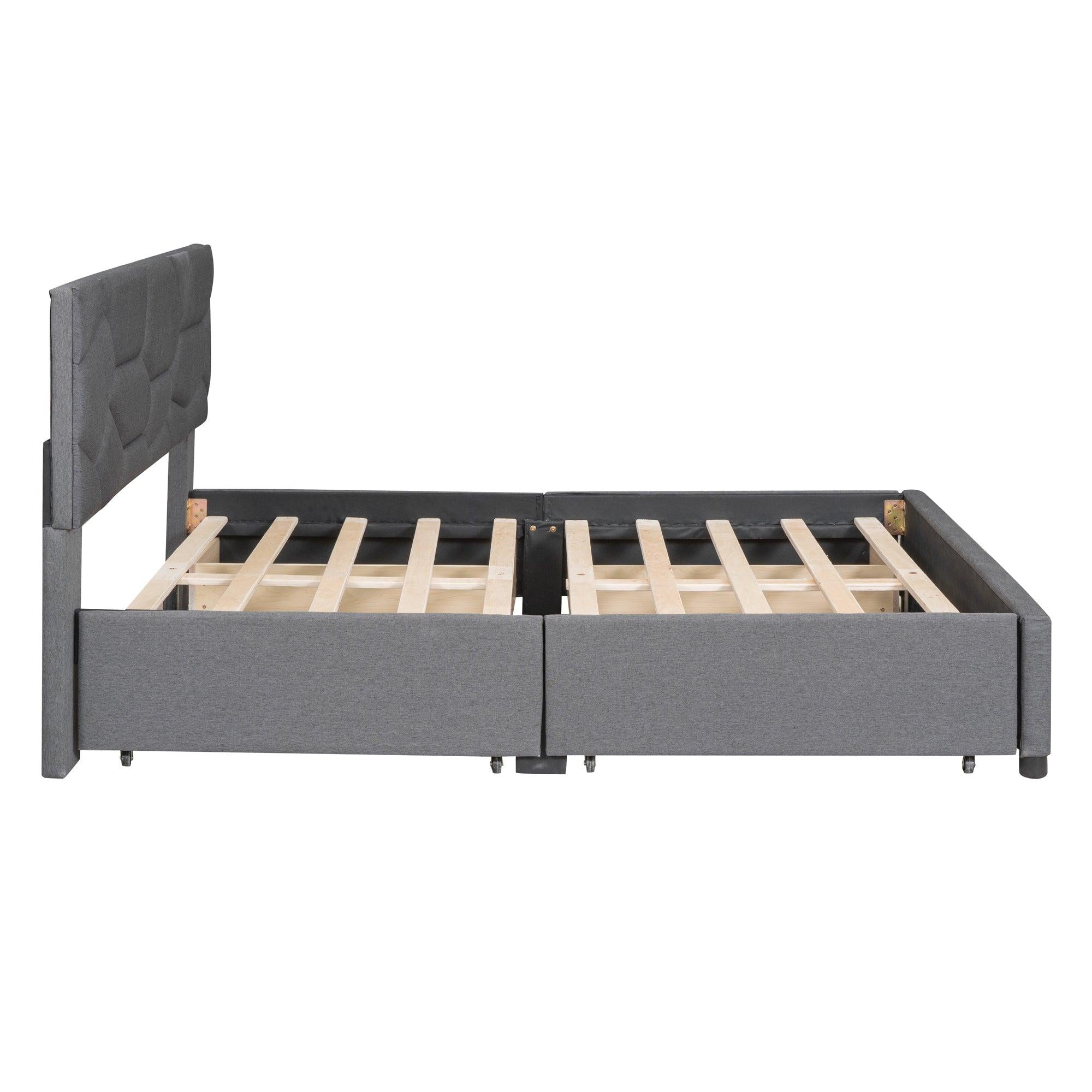 Full Size Upholstered Platform Bed with Brick Pattern Heardboard and 4 Drawers, Linen Fabric, Gray