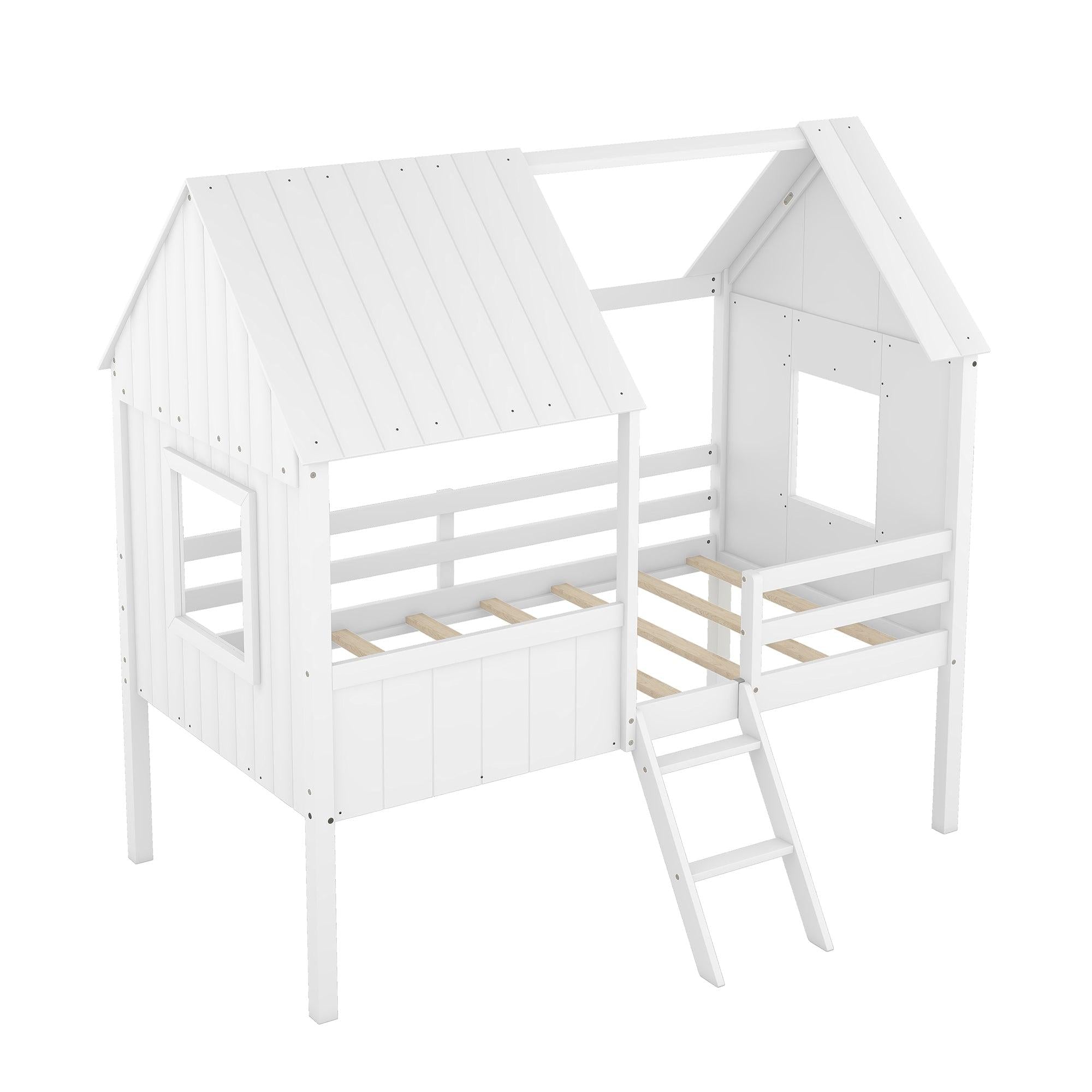 Twin Size Low Loft Wood House Bed with Two Side Windows  (White)