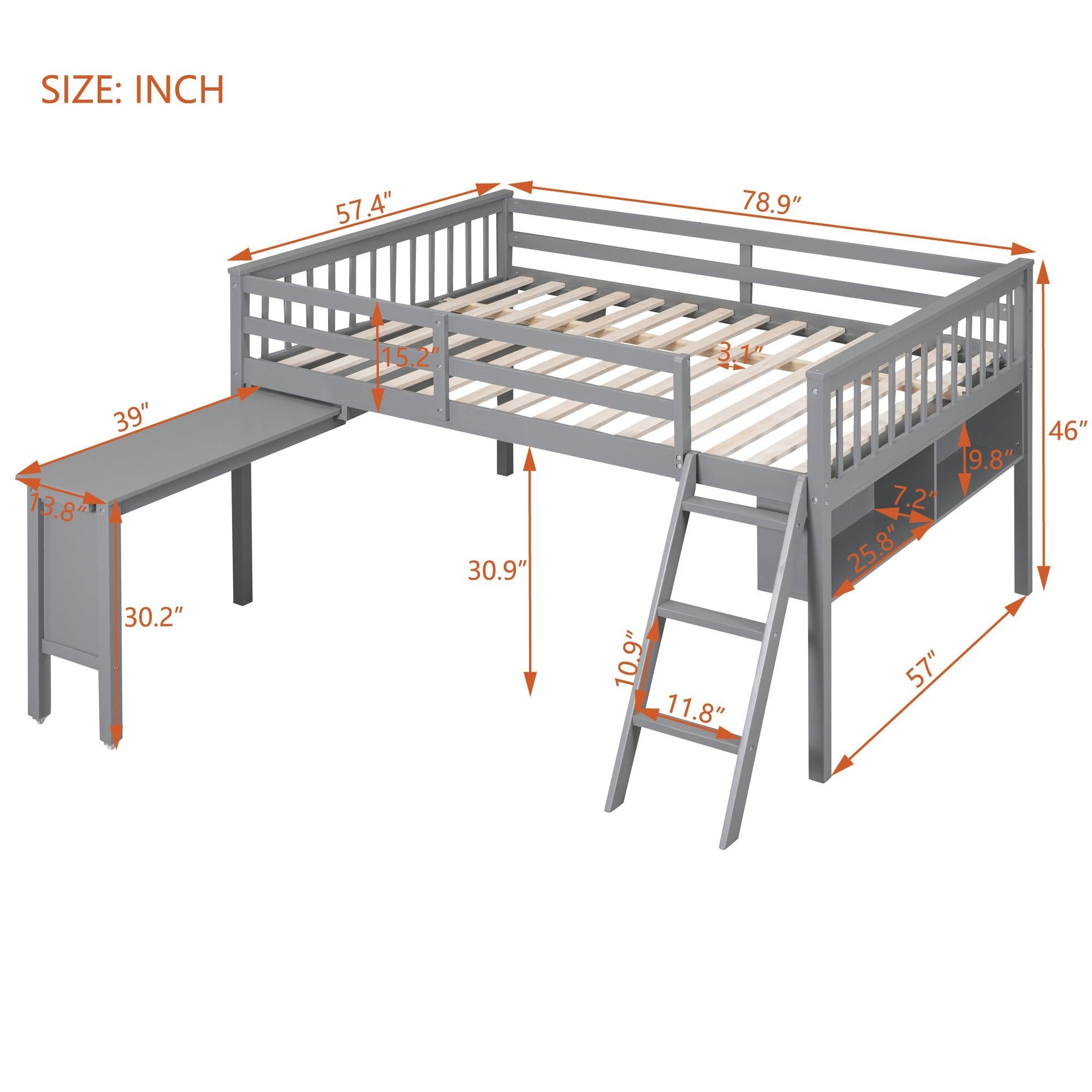 Full Size Loft Bed With Removable Desk and Cabinet, Gray