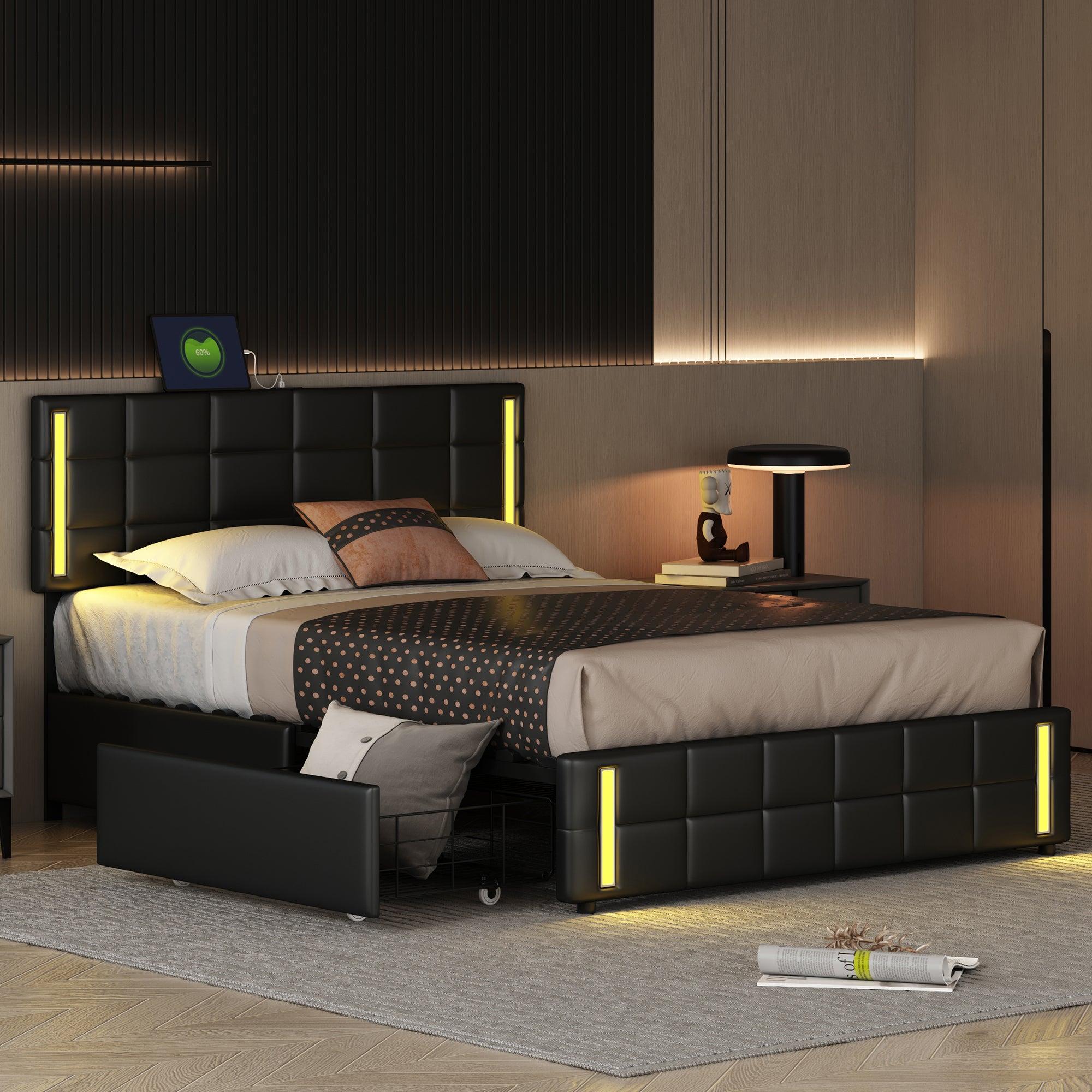 Queen Size Upholstered Platform Bed with LED Lights and USB Charging,Storage Bed with 4 Drawers, Black