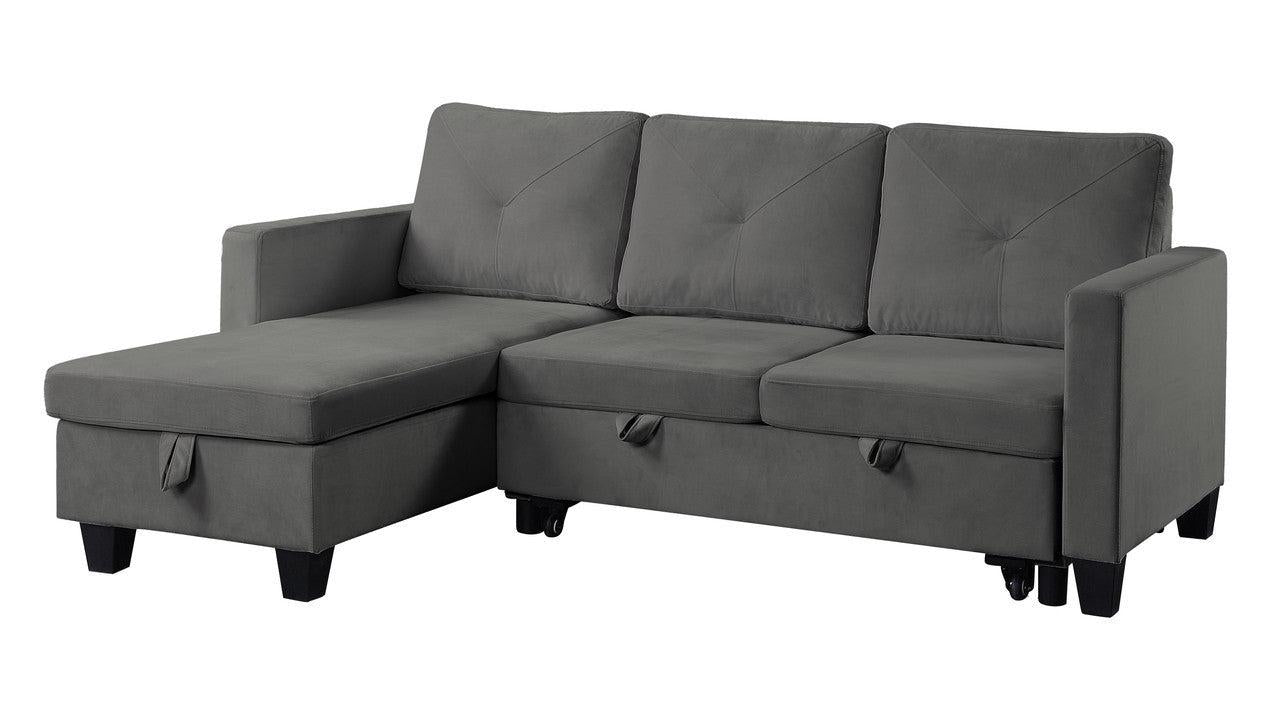 Nova Dark Gray Velvet Reversible Sleeper Sectional Sofa withStorage Chaise