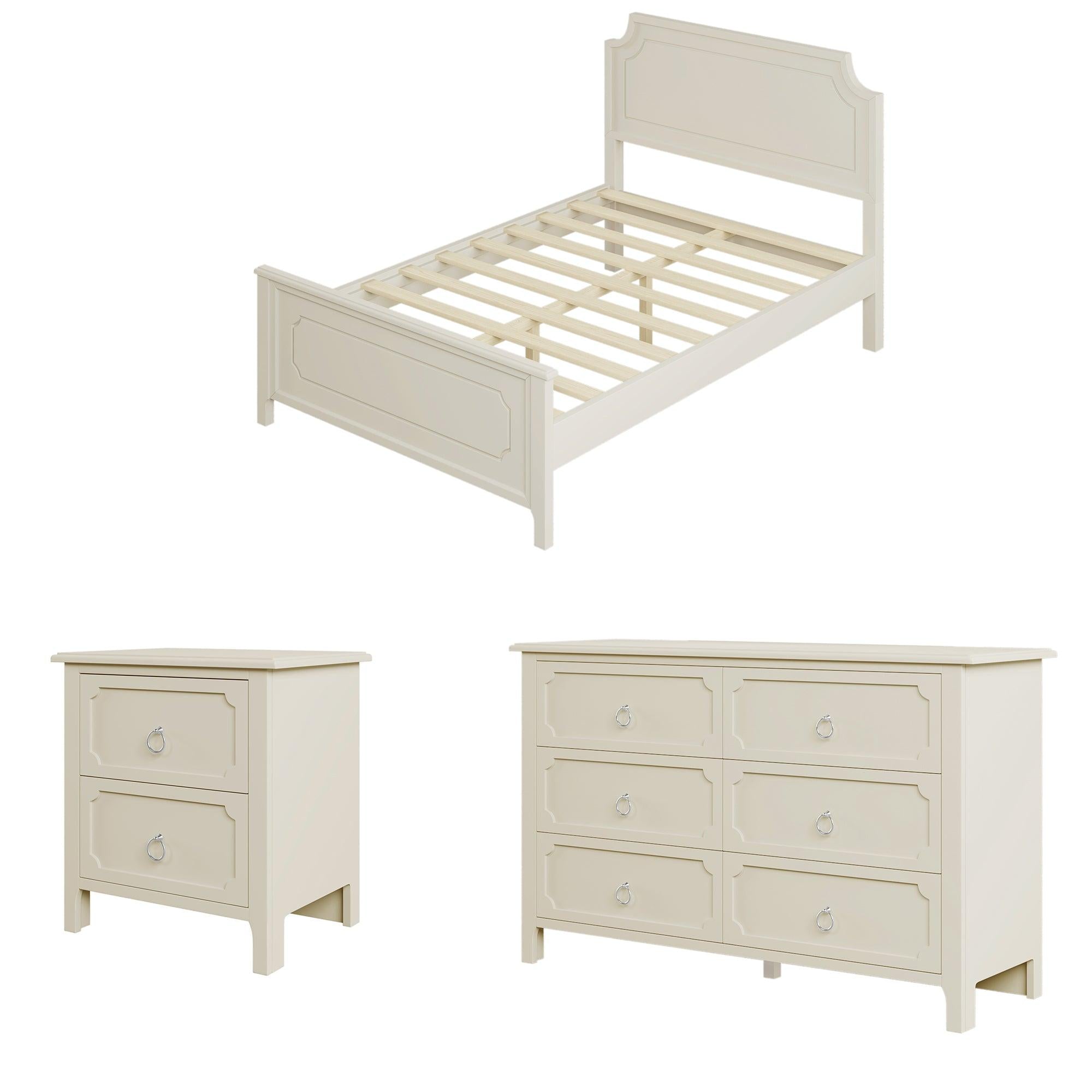 3 Pieces Bedroom Sets Milky White Solid Rubber Wood Full Size Platform Bed with Nightstand and Dresser