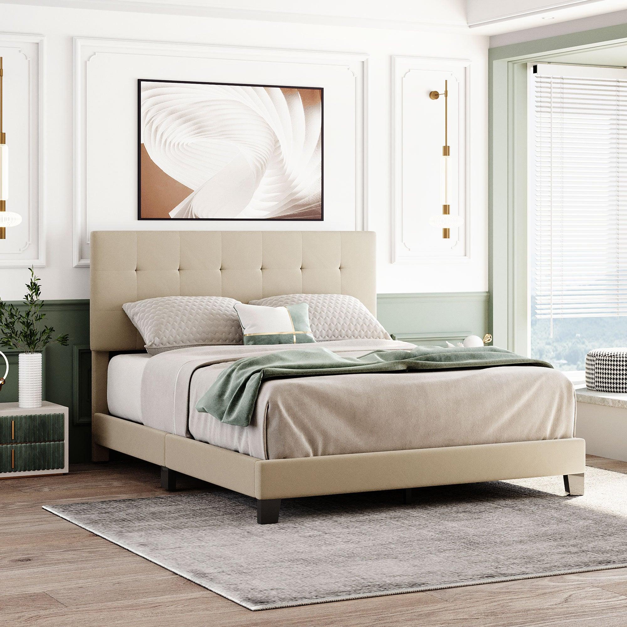 Upholstered Platform Bed with Tufted Headboard, Box Spring Needed, Beige Linen Fabric, Queen Size image