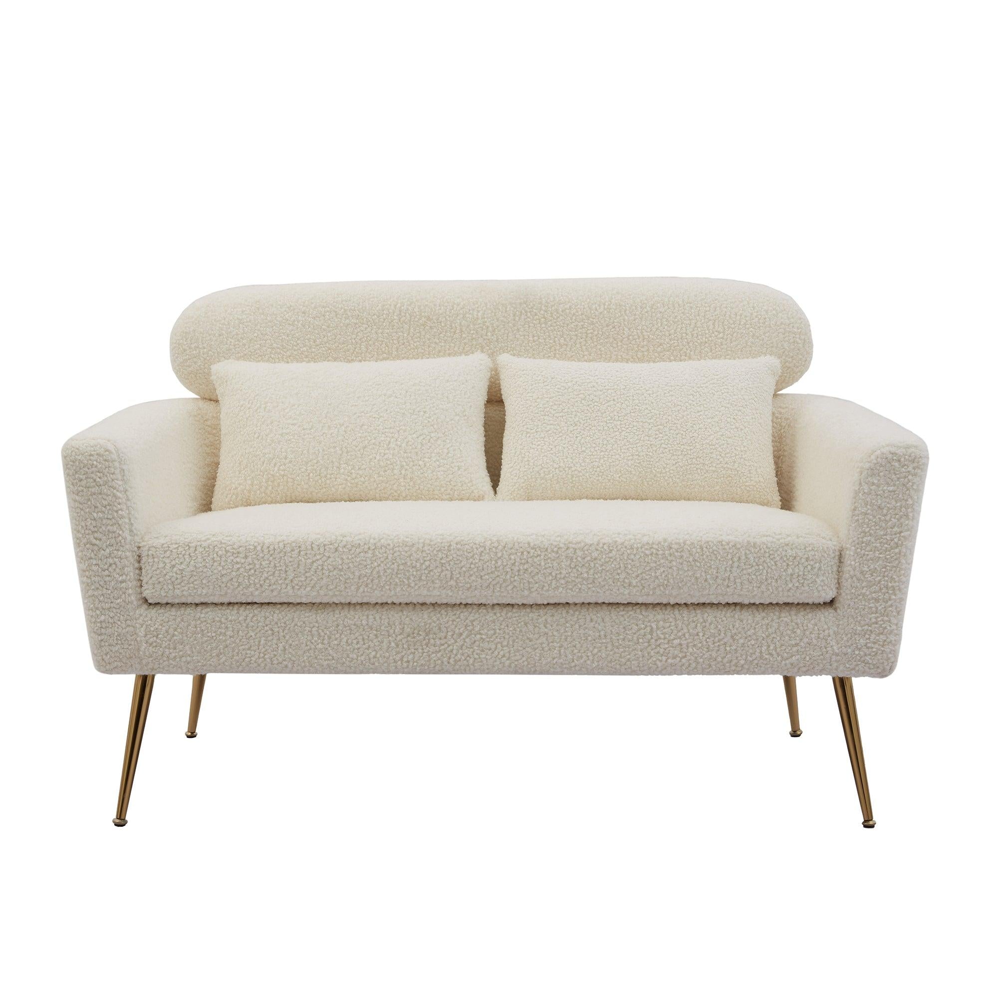 51"WModern Boucle Loveseat Small Sofa Small Mini Room Couch Two-Seater Sofa With 2 Throw Pillows Gold Metal Legs for Small Space Office Studio Apartment Bedroom, Ivory Boucle