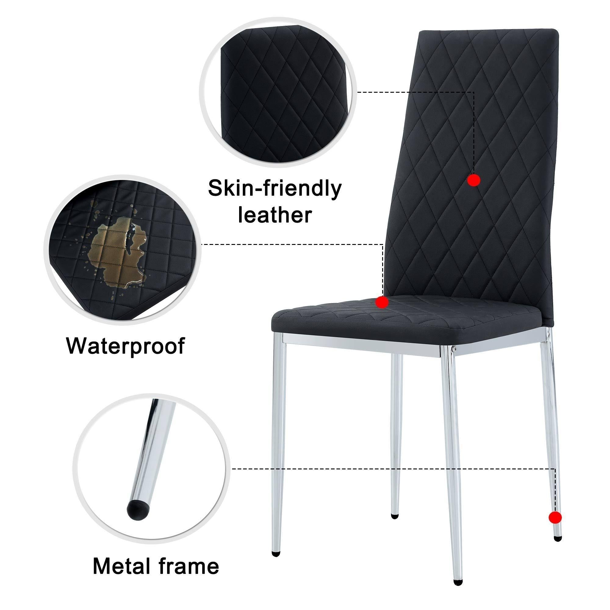 Grid Shaped Armless High Back Dining Chair,4-Piece Set, Office Chair. Applicable to Dining Room, Living Room, Kitchen and Office.Black Chair and Electroplated Metal Leg