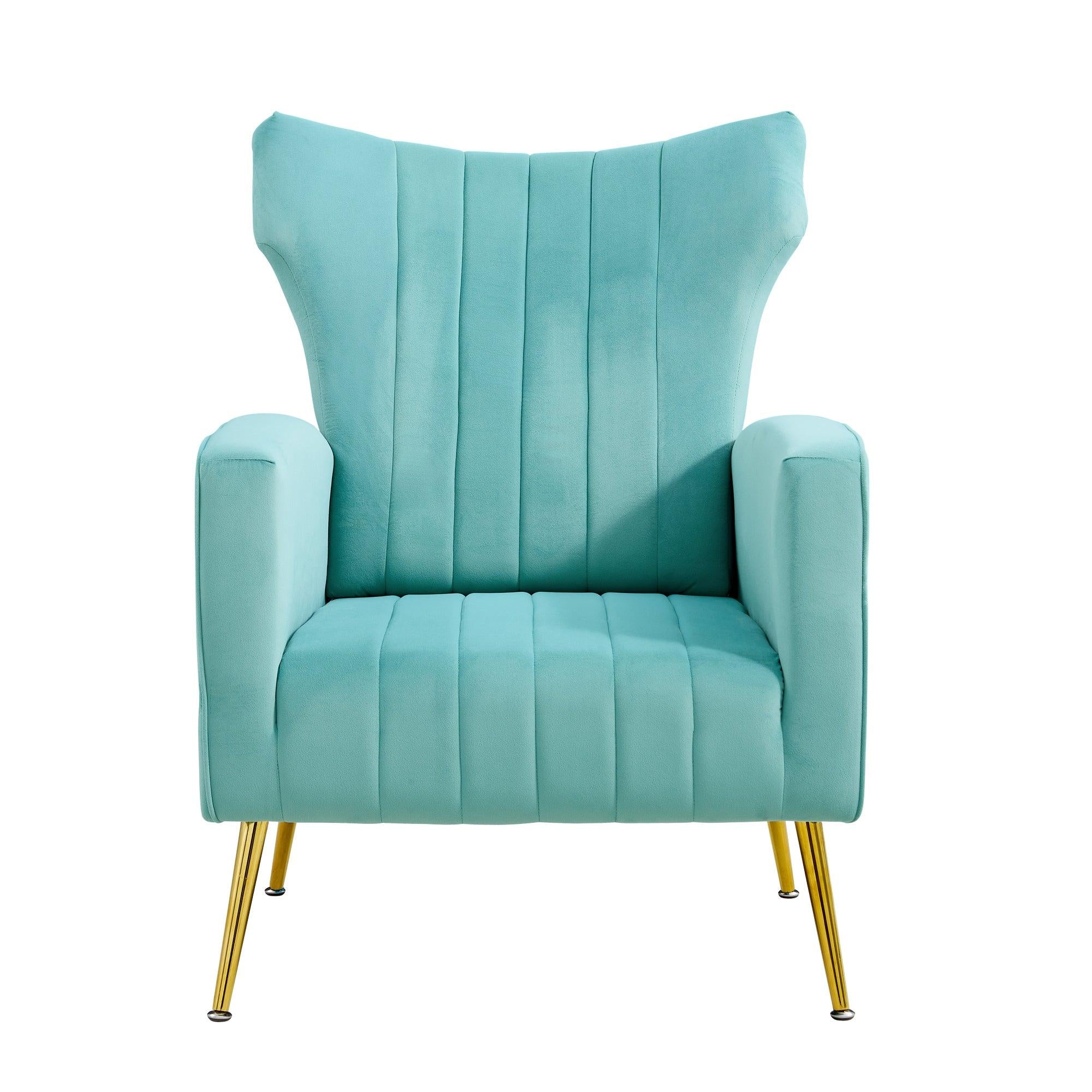 Modern Velvet Accent Chair with Arms, Wingback Reading Chair with Gold Metal Legs, Comfy Upholstered Single Leisure Sofa for Living Room Bedroom Club(Velvet+Blue)