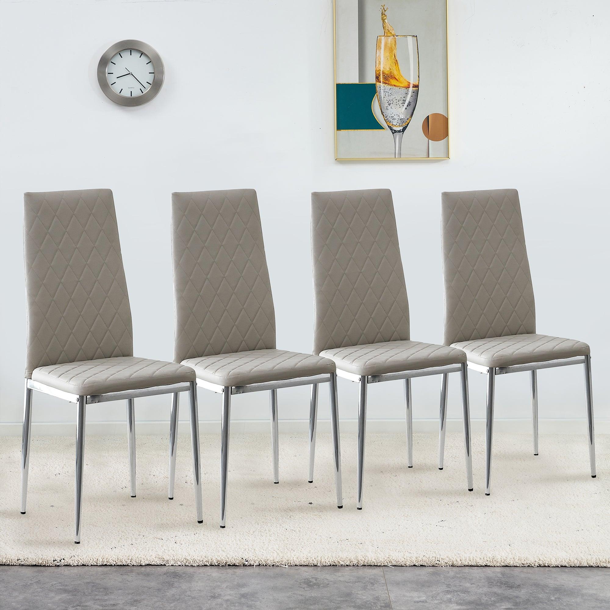 Grid Shaped Armless High Back Dining Chair, 4-piece set, Office Chair. Applicable to DiningRoom, Living Room, Kitchen and Office.Grey Chair and Electroplated Metal Leg image