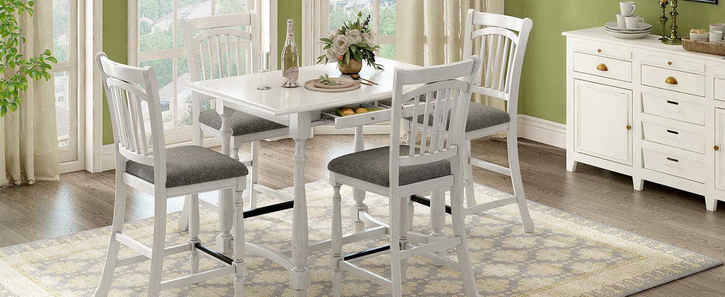 Mid-Century Farmhouse 5-Piece Wood Dining Table Set Counter Height Kitchen Furniture Set withStorage Drawers and 4 Upholstered Chairs, White