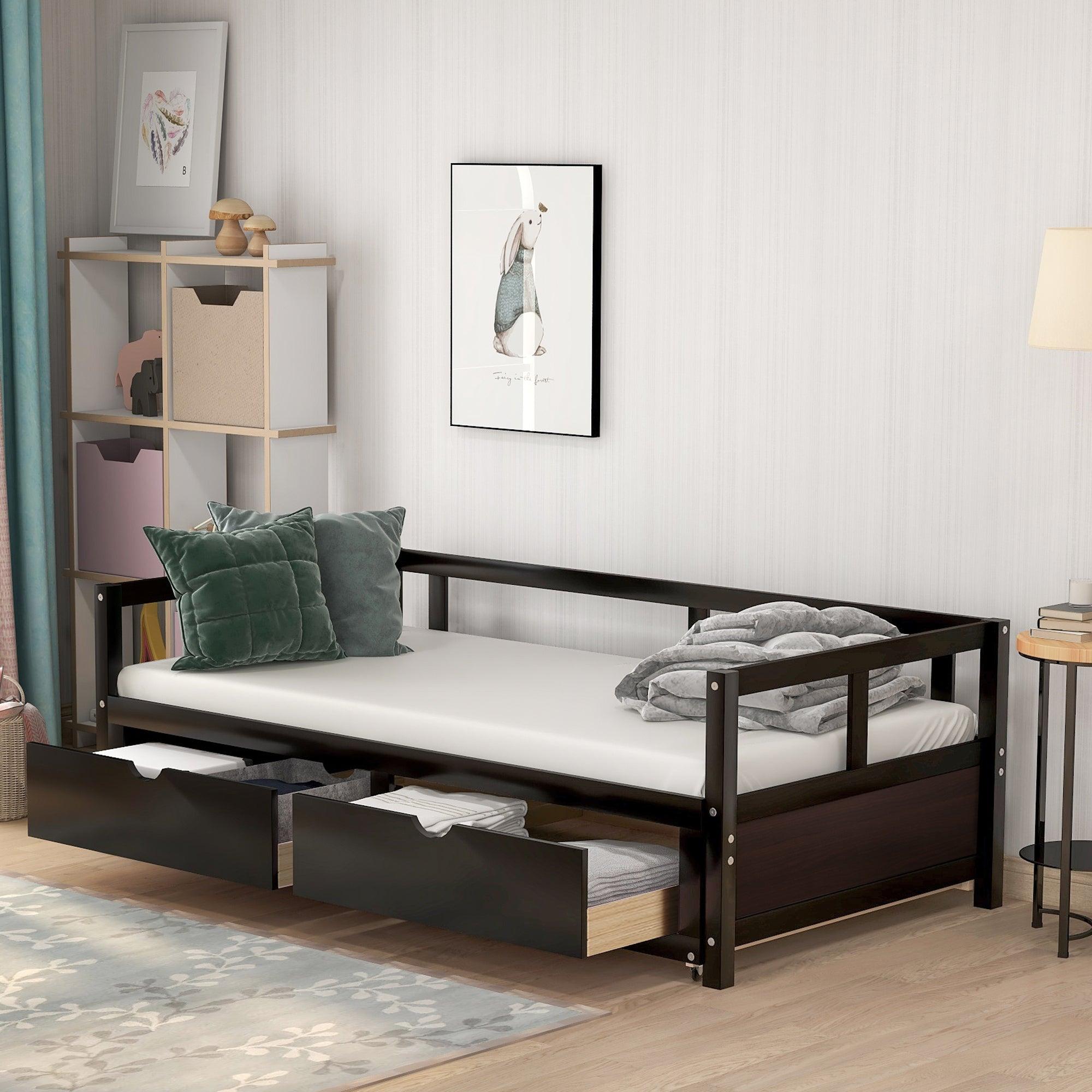 Wooden Daybed with Trundle Bed and TwoStorage Drawers , Extendable Bed Daybed,Sofa Bed for Bedroom Living Room,Espresso