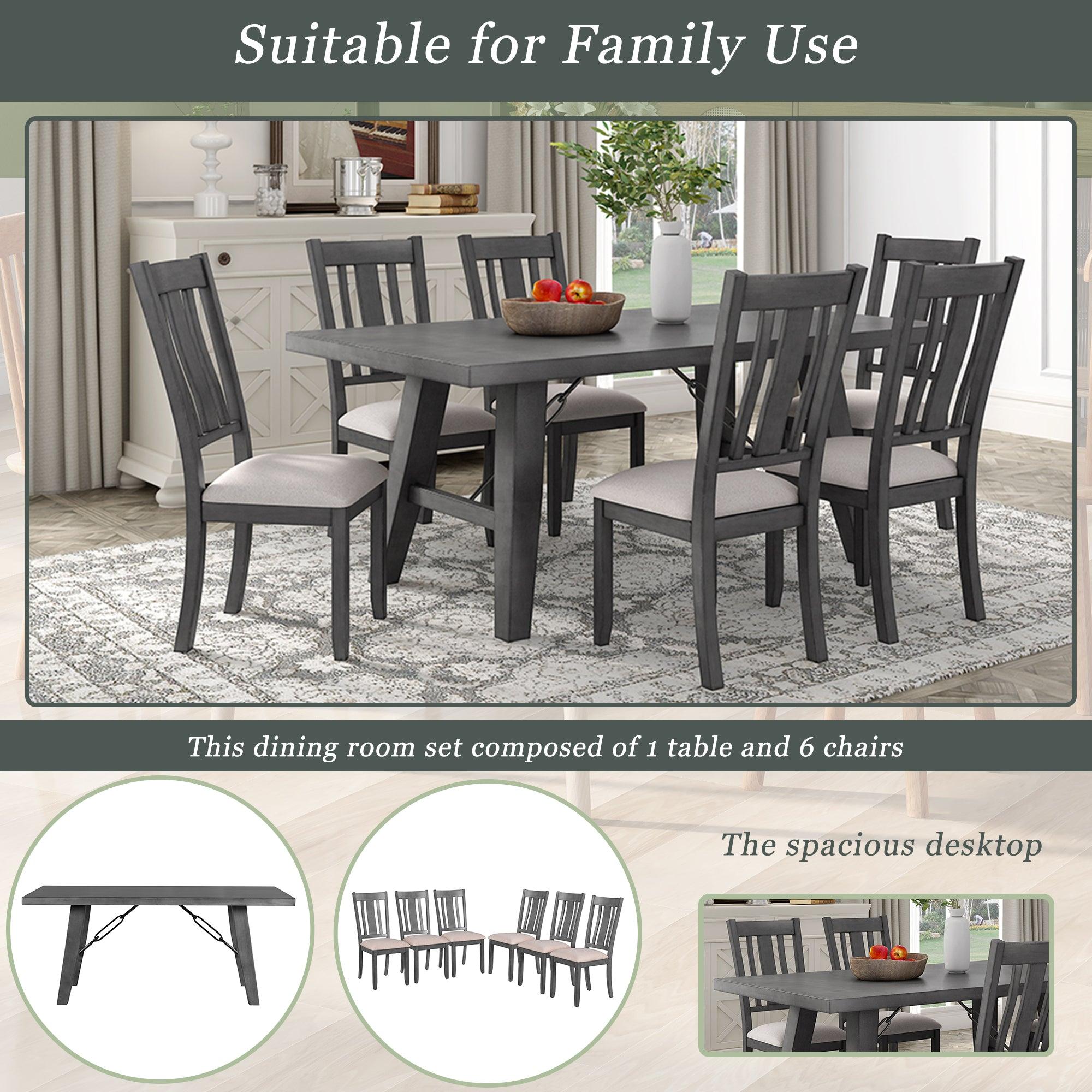 7-Piece Dining Room Set - 72" Industrial Style Rectangular Table with Chain Bracket and 6 Dining Chairs (Gray)