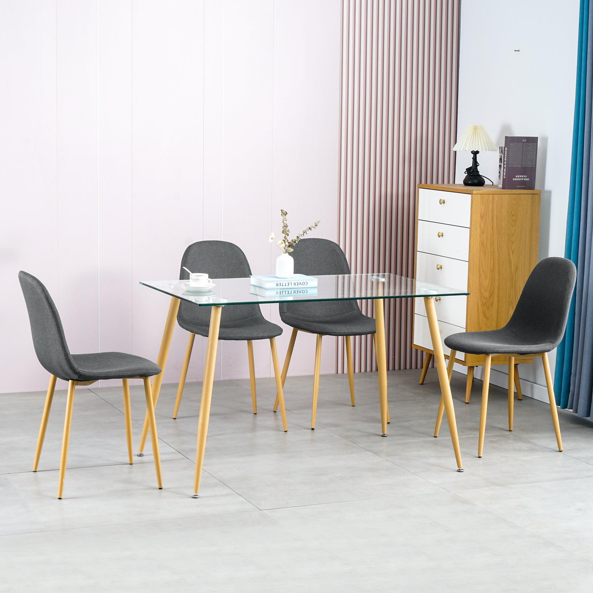 Dining Table SetModern 5 Pieces Dining Room Set Mid Century Tempered Glass Kitchen Table and 4 Deep GreyModern Fabric Chairs with wood-transfer Metal Legs