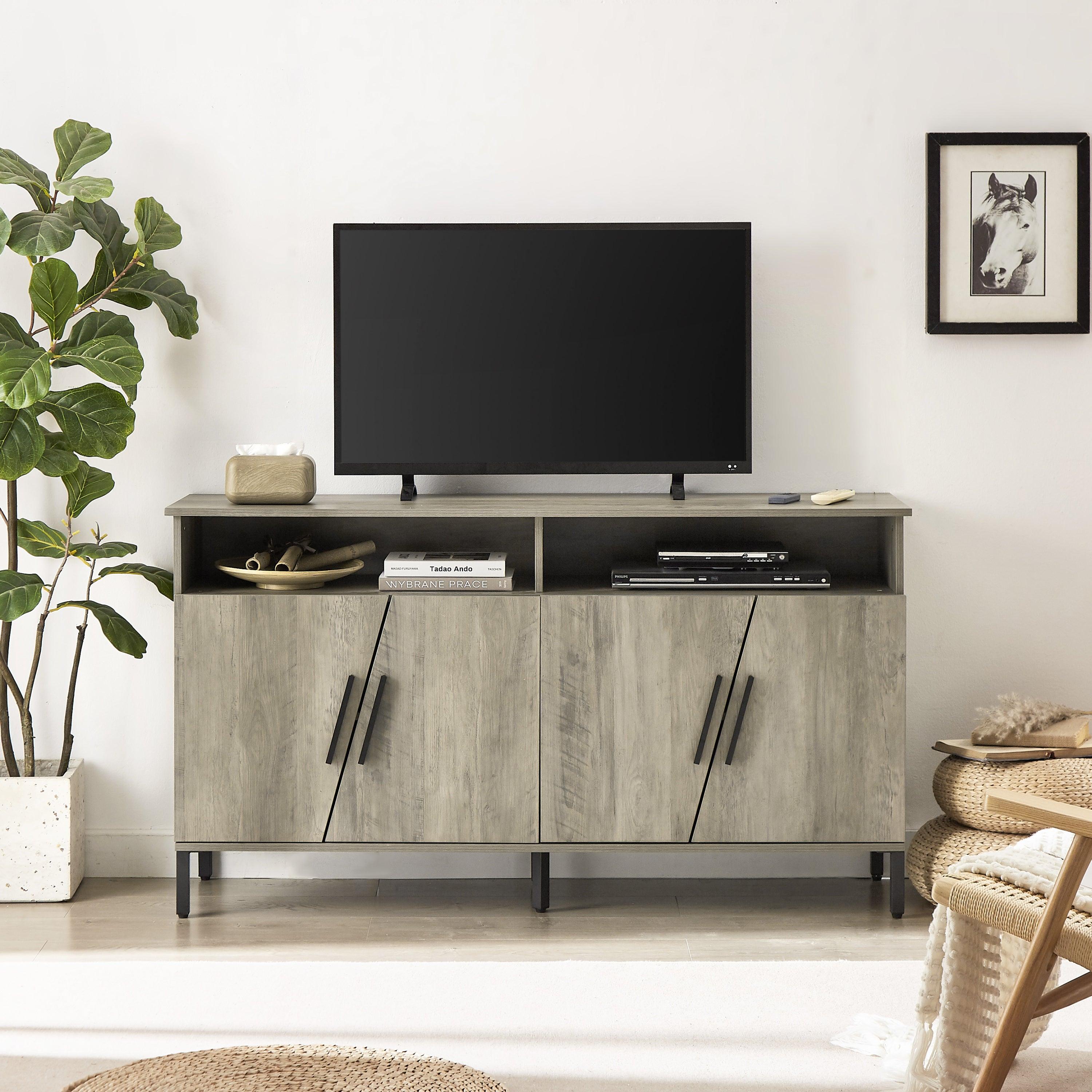 Farmhouse style TV Stand, TV station withStorage and open drawers, entertainment center console table, living room media furniture.(Grey,58’’W*23.6’’D*31.5’’H) image