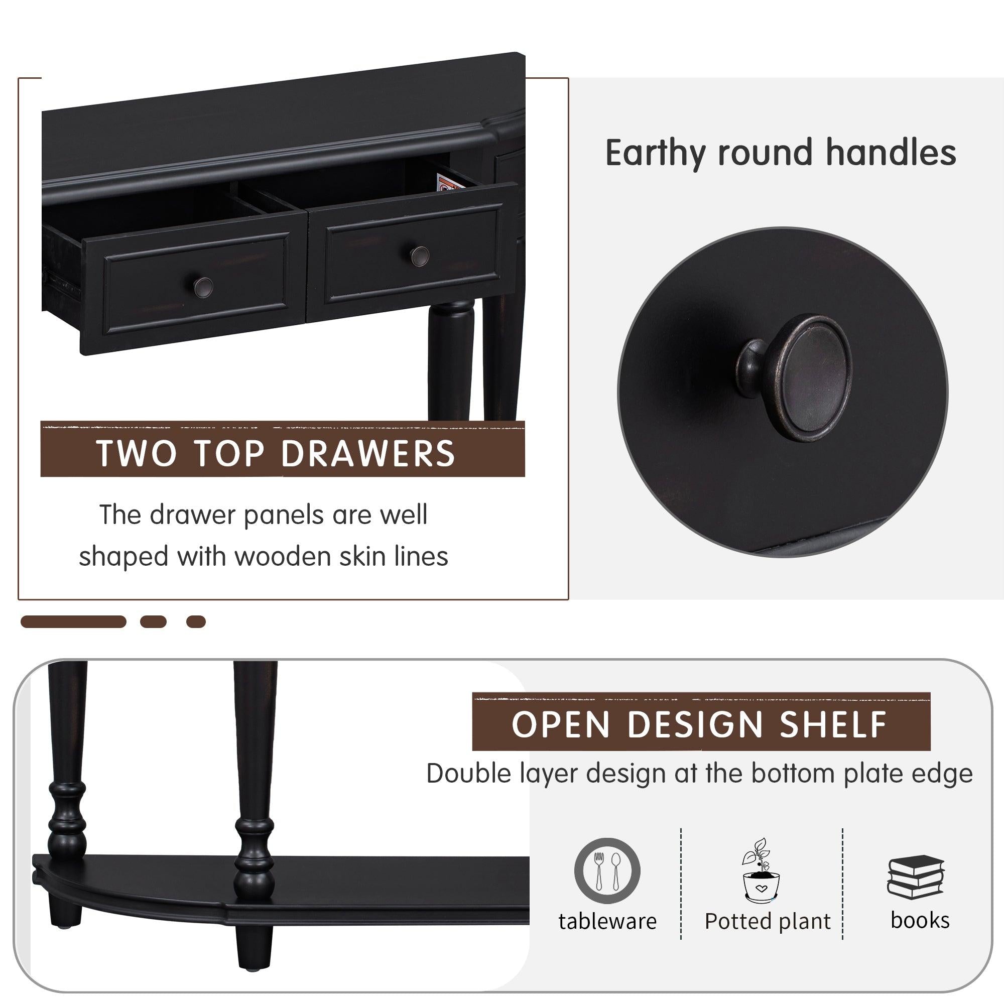 Retro Circular Curved Design Console Table with Open Style Shelf Solid Wooden Frame and Legs Two Top Drawers (Black)