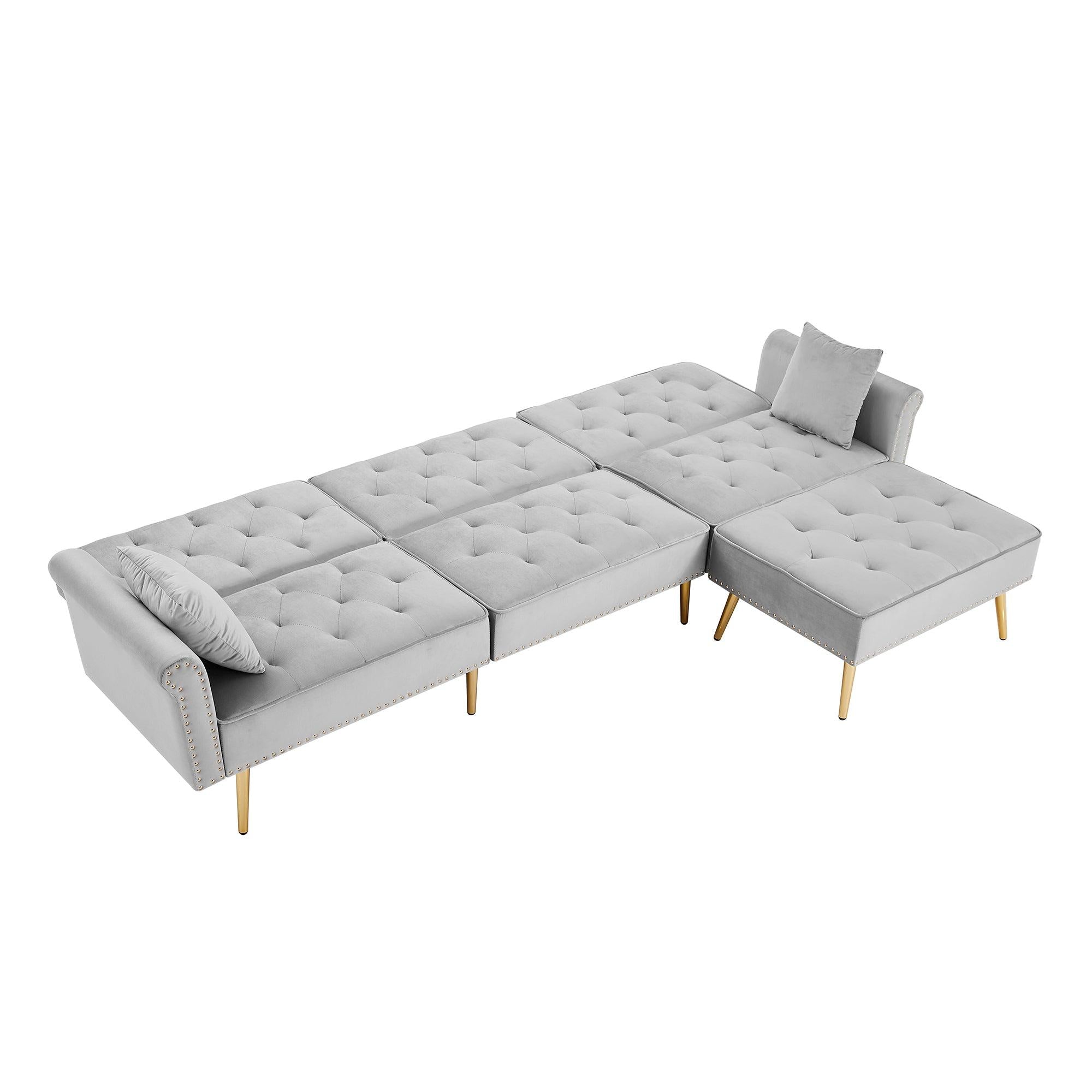 Modern Velvet Upholstered Reversible Sectional Sofa Bed , L-Shaped Couch with Movable Ottoman and Nailhead Trim For Living Room. (Light Grey)