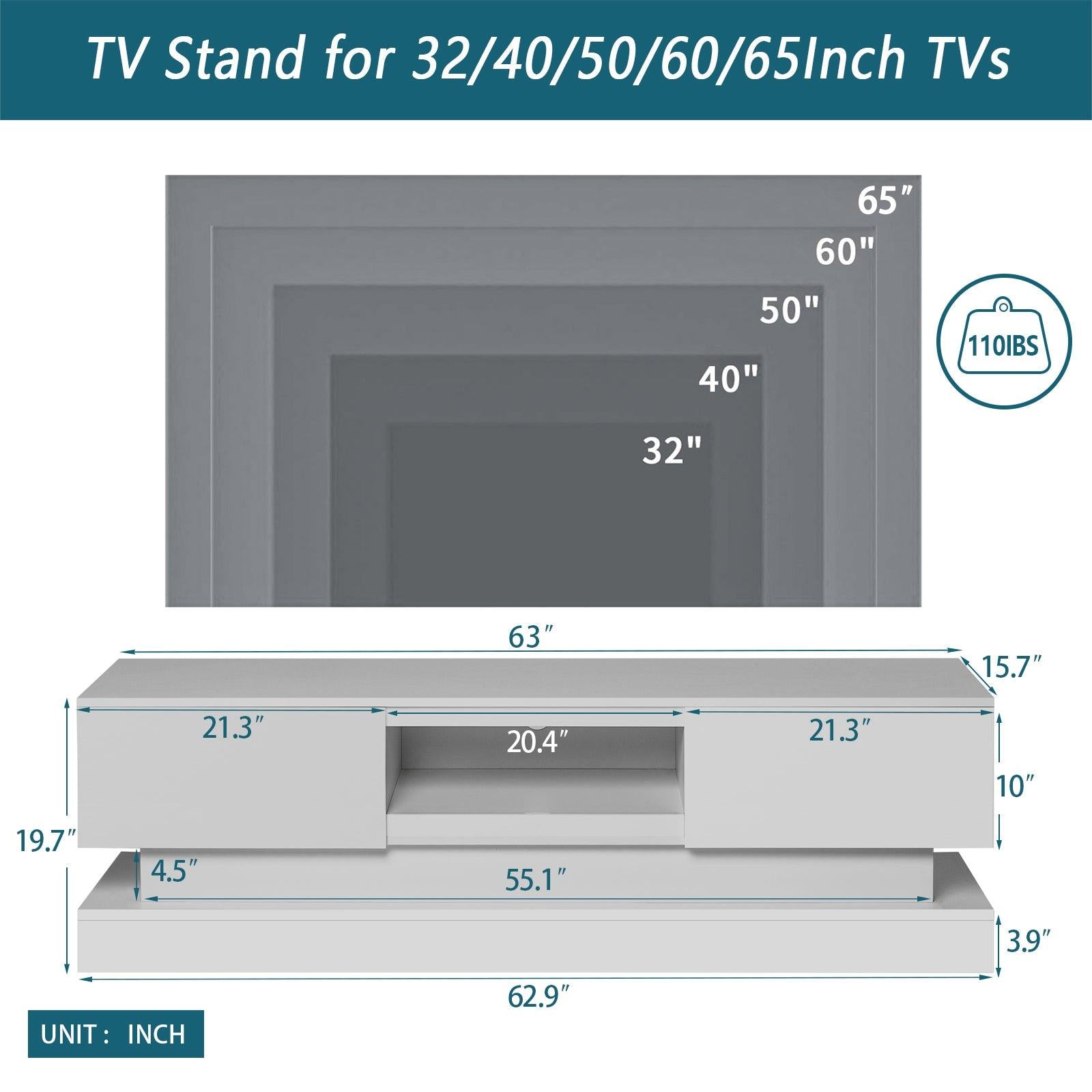 63inch  WHITE morden TV Stand with LED Lights,high glossy front TV Cabinet,can be assembled in Lounge Room, Living Room or Bedroom,color:WHITE