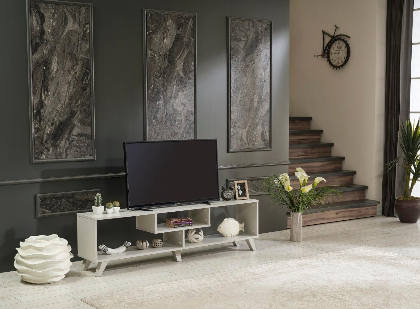 Parma Mid CenturyModern Tv Stand Open Shelving Entertainment Centre 67 inch Tv Unit, Grey