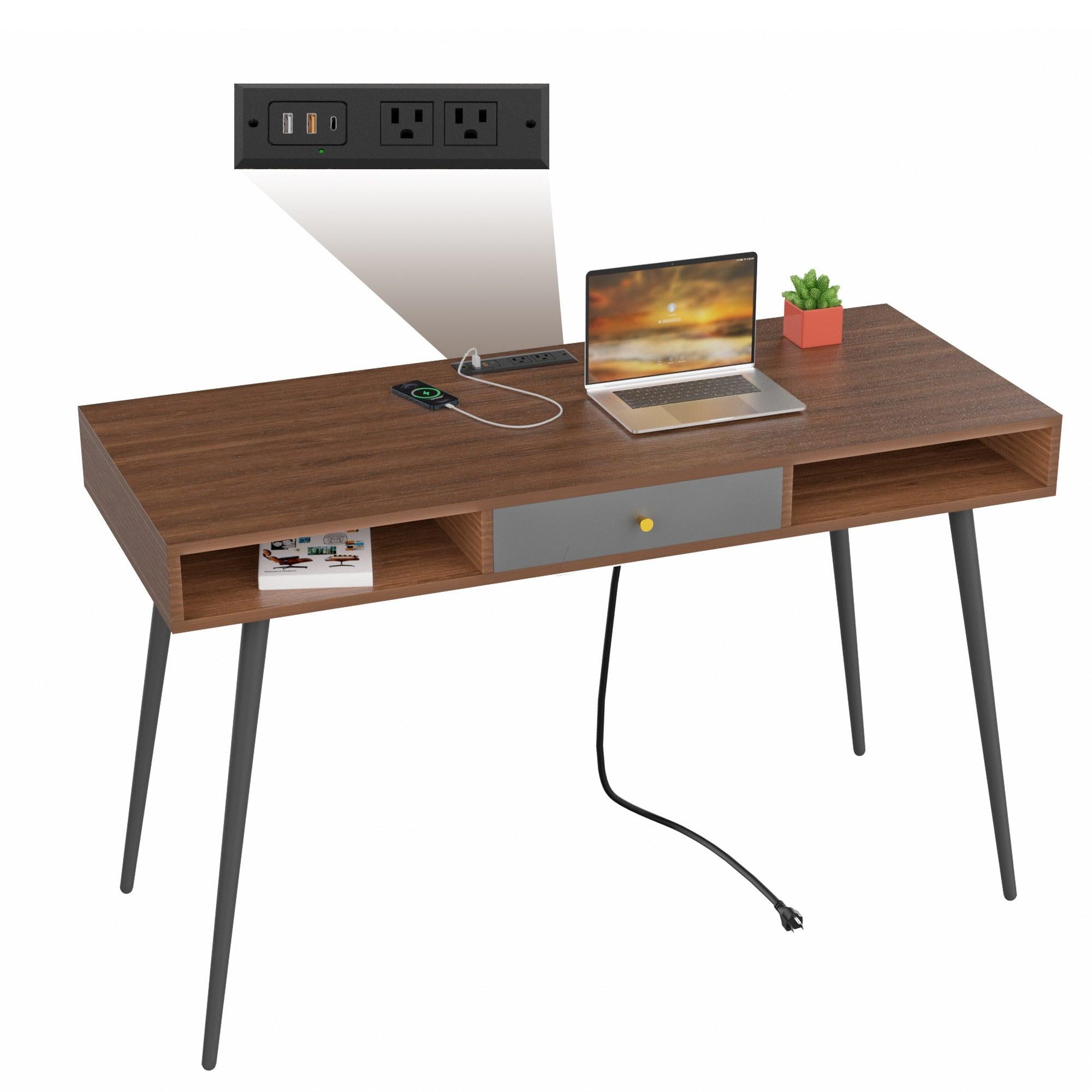 Mid Century Desk with USB Ports and Power Outlet,Modern Writing Study Desk with Drawers, Multifunctional Home Office Computer Desk Walnut