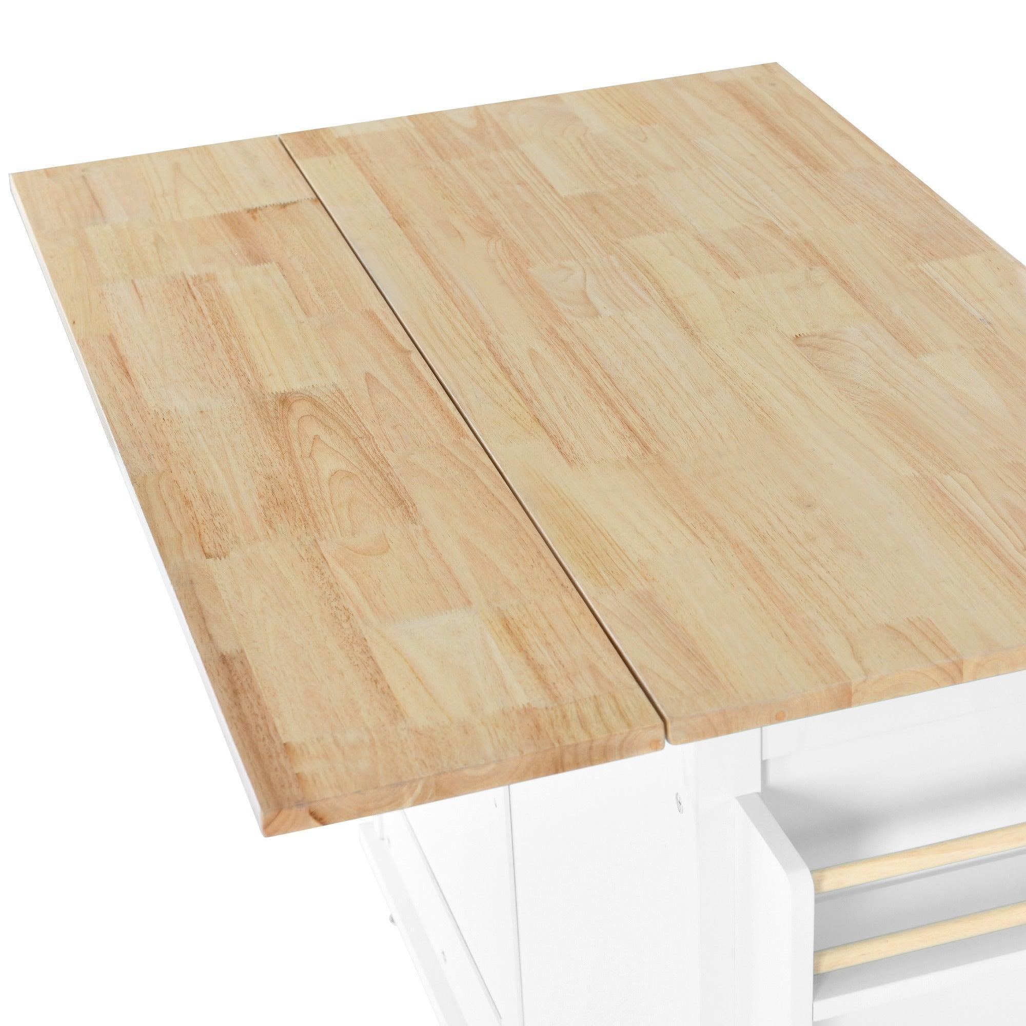 Kitchen Cart with Rubber wood Drop-Leaf Countertop, Concealed sliding barn door adjustable height,Kitchen Island on 4 Wheels withStorage Cabinet and 2 Drawers,L52.2xW30.5xH36.6 inch, White