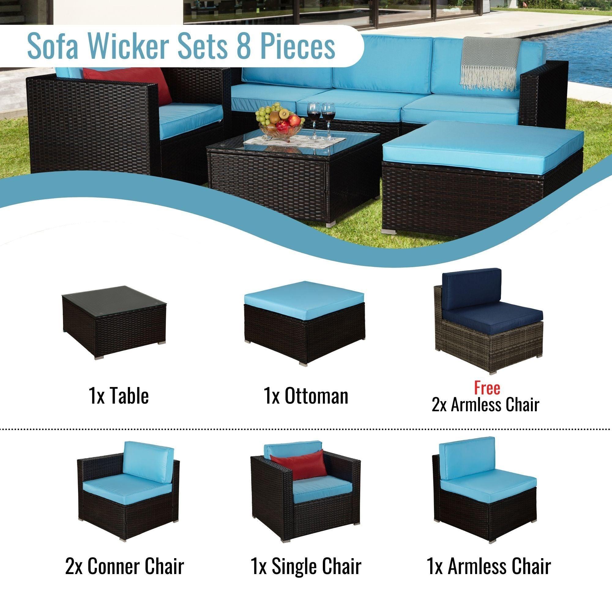 Outdoor Garden Patio Furniture 8-Piece Brown PE Rattan Wicker Sectional Blue Cushioned Sofa Sets