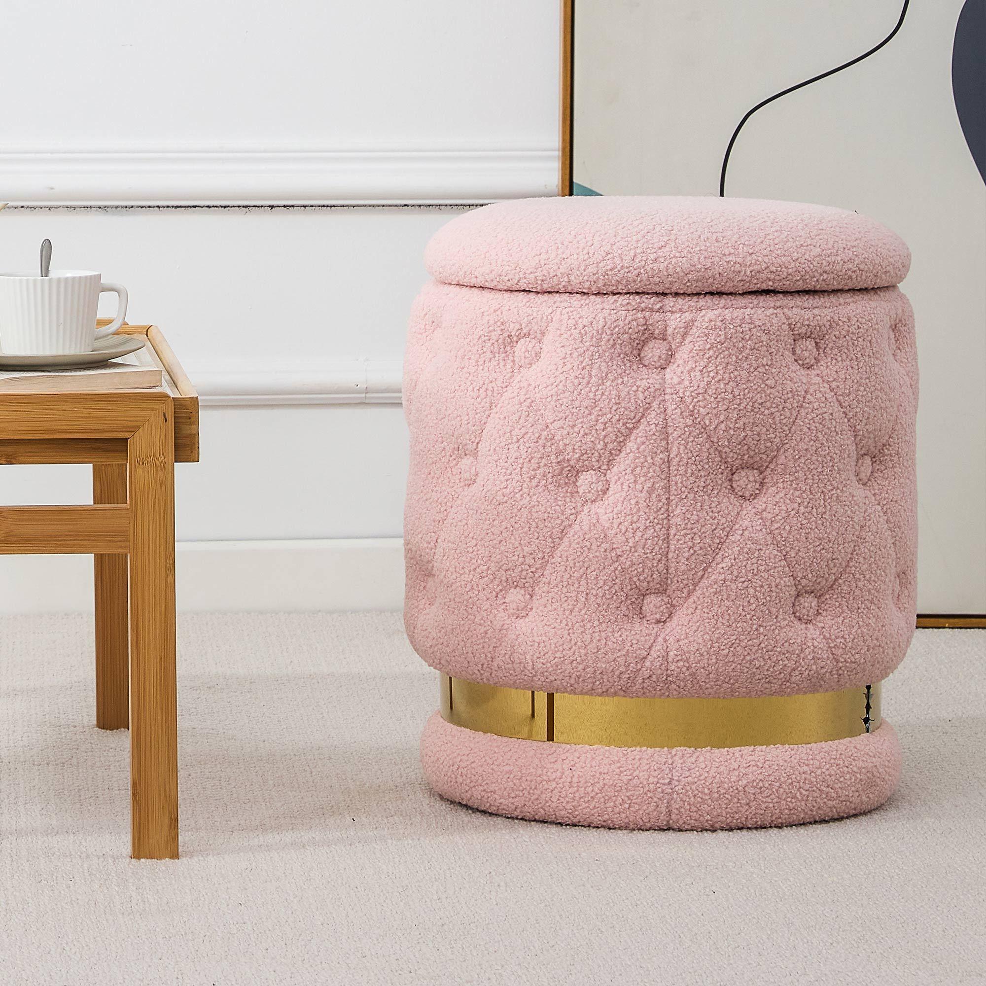 Chair Pink Round-shape Teddy velvet Makeup Stool Footstool, chair withStorage space .Applicable to living room dresser kitchen bedroom dining room