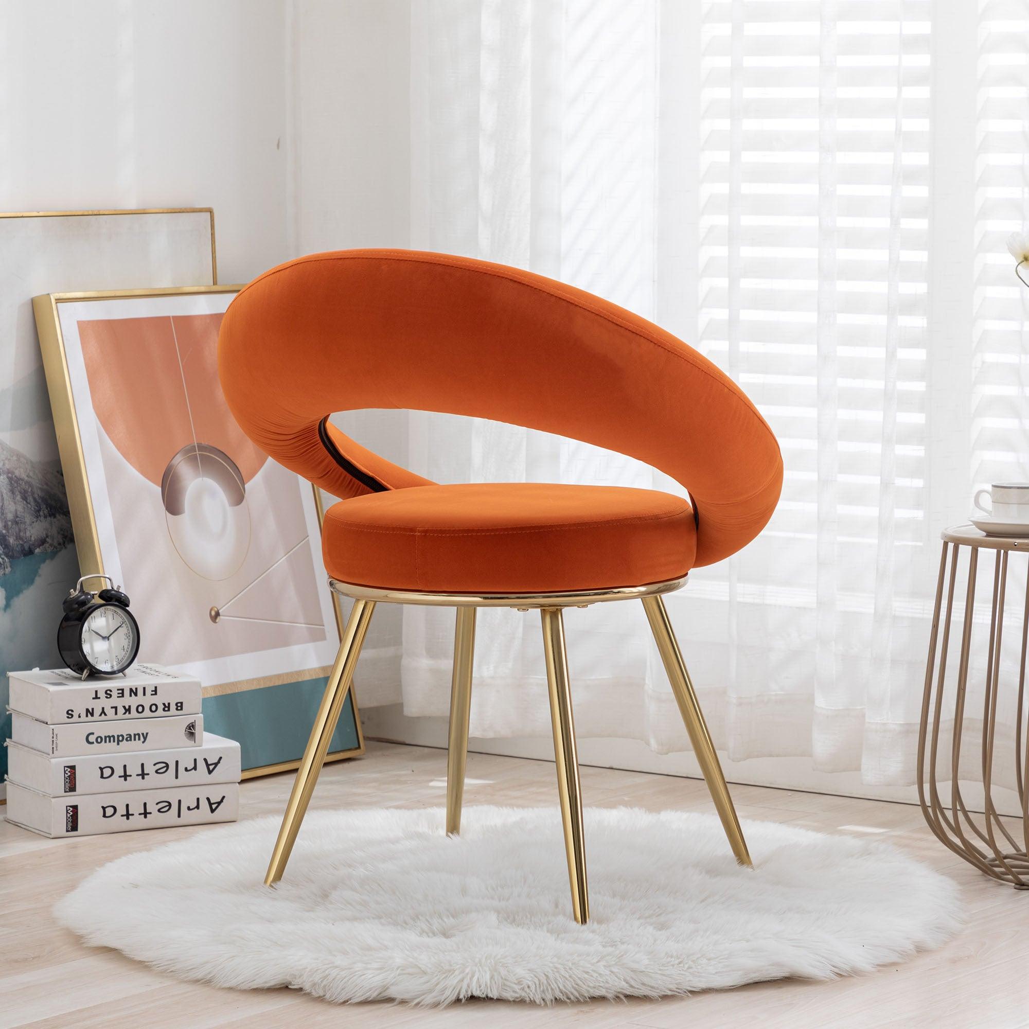 Orange VelvetModern accent/Conversation Lounge Chair With  Gold Plated Legs, unique appearance，Suitable For Office, Lounge, Living Room