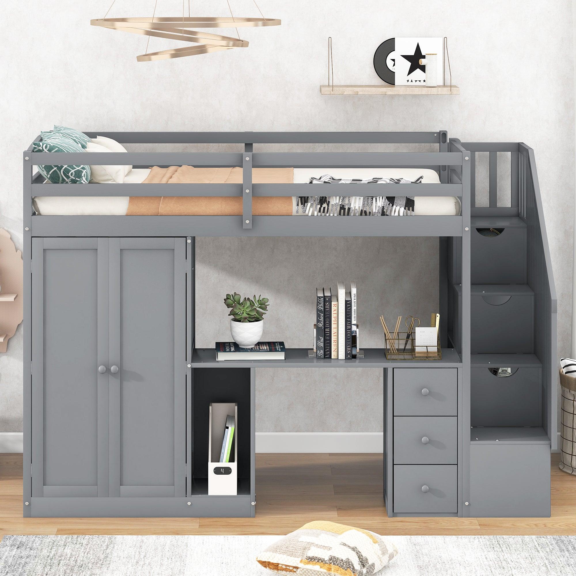 Twin Size Loft Bed with Wardrobe and Staircase, Desk andStorage Drawers and Cabinet in 1,Gray