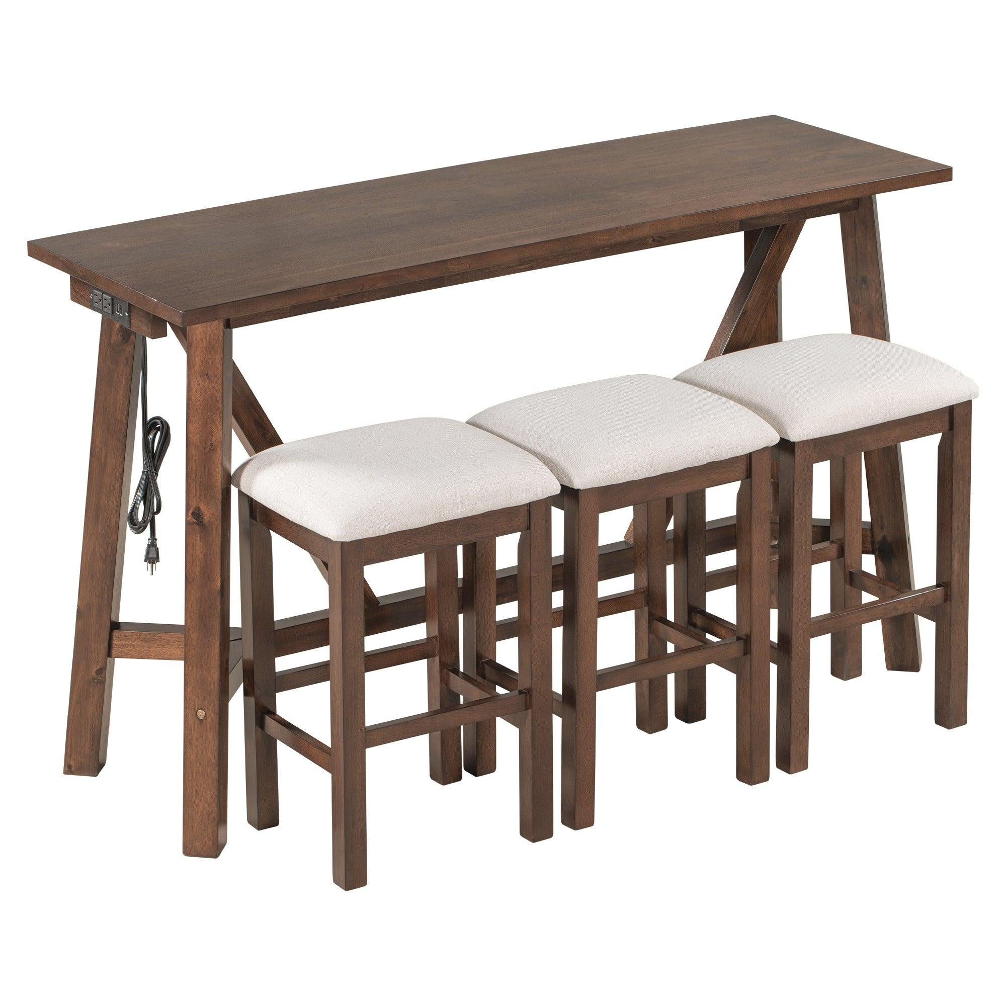 Multipurpose Home Kitchen Dining Bar Table Set with 3 Upholstered Stools(Dark Walnut)