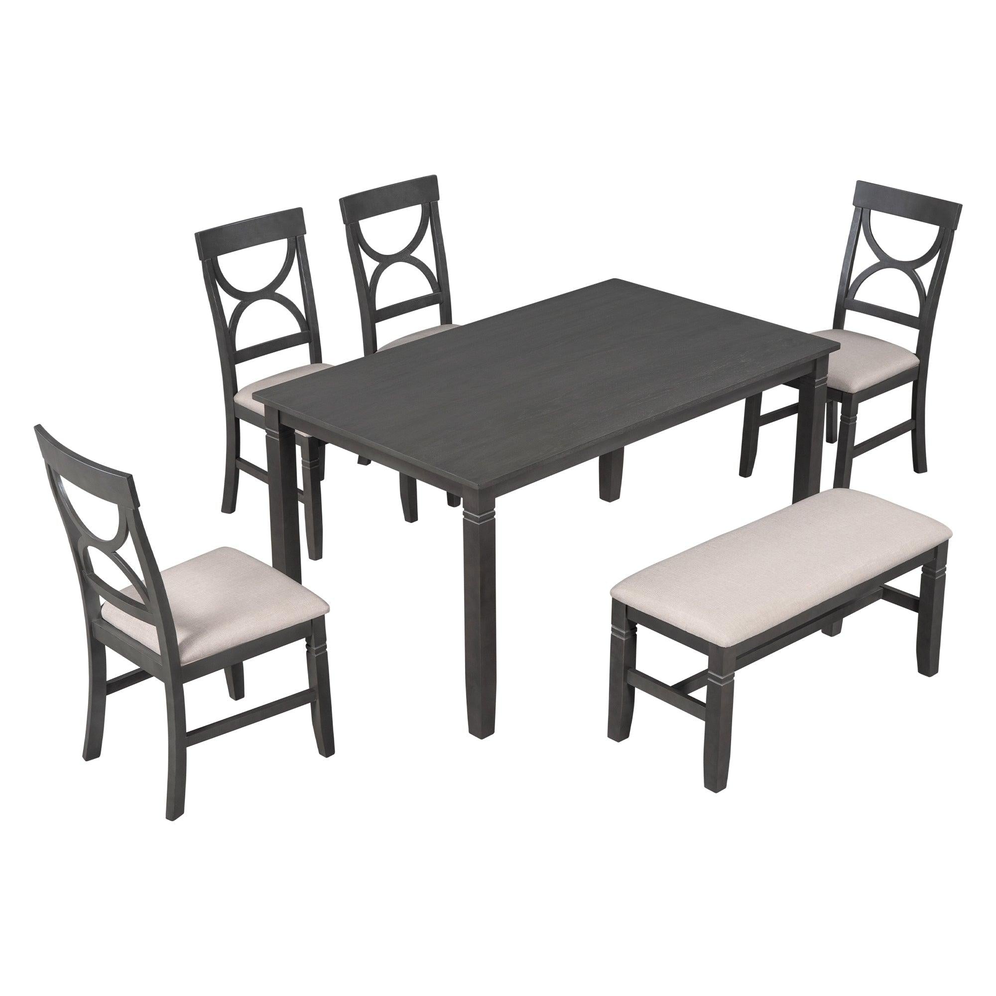 6-Piece Wood Dining Table Set Kitchen Table Set with Upholstered Bench and 4 Dining Chairs, Farmhouse Style,Gray