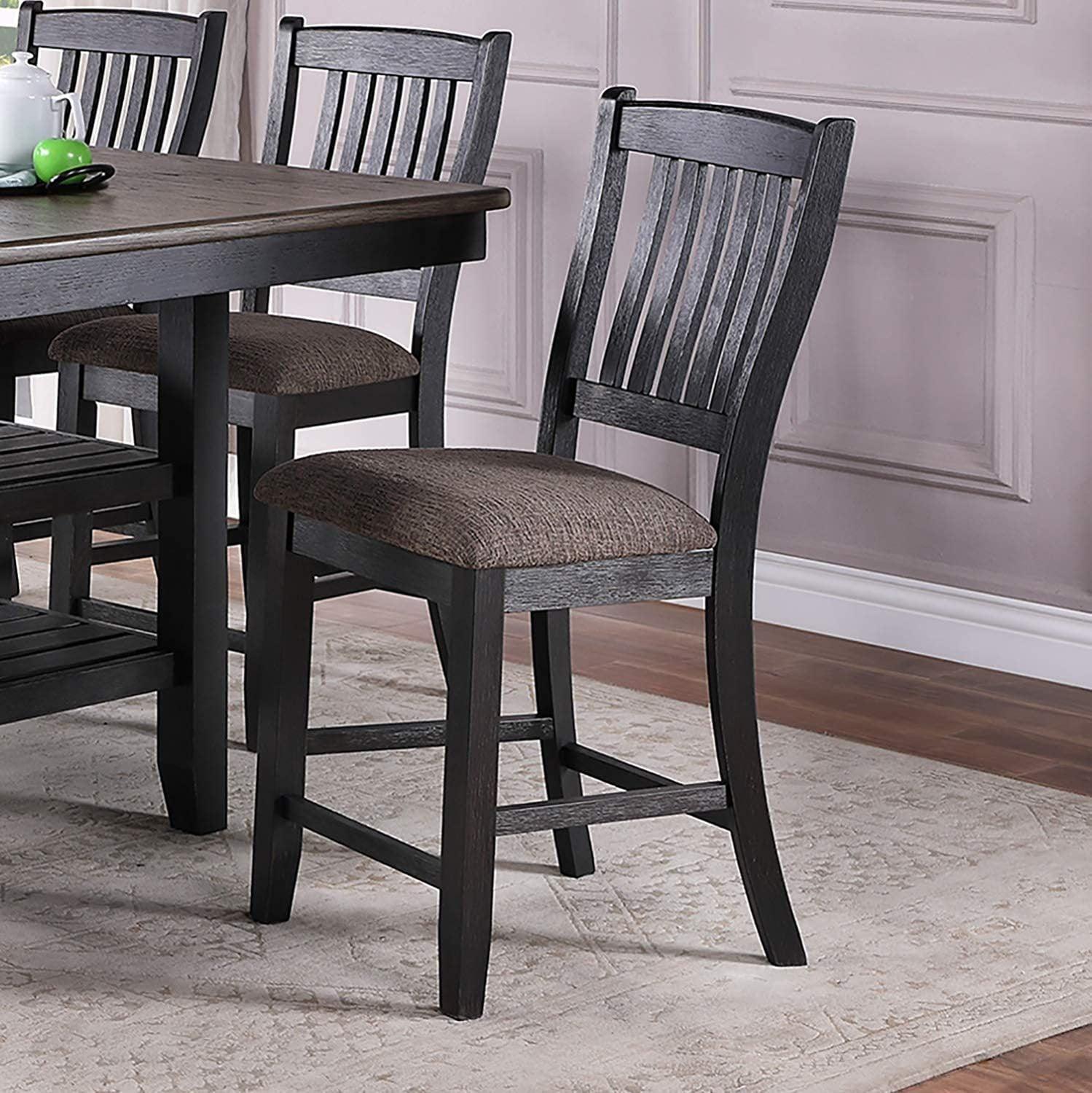 Transitional Dining Room 7pc Set Dark Coffee Rubberwood Counter Height Dining Table w 2x Shelfs and 6x High Chairs Fabric Upholstered seats Unique Back Counter Height Chairs