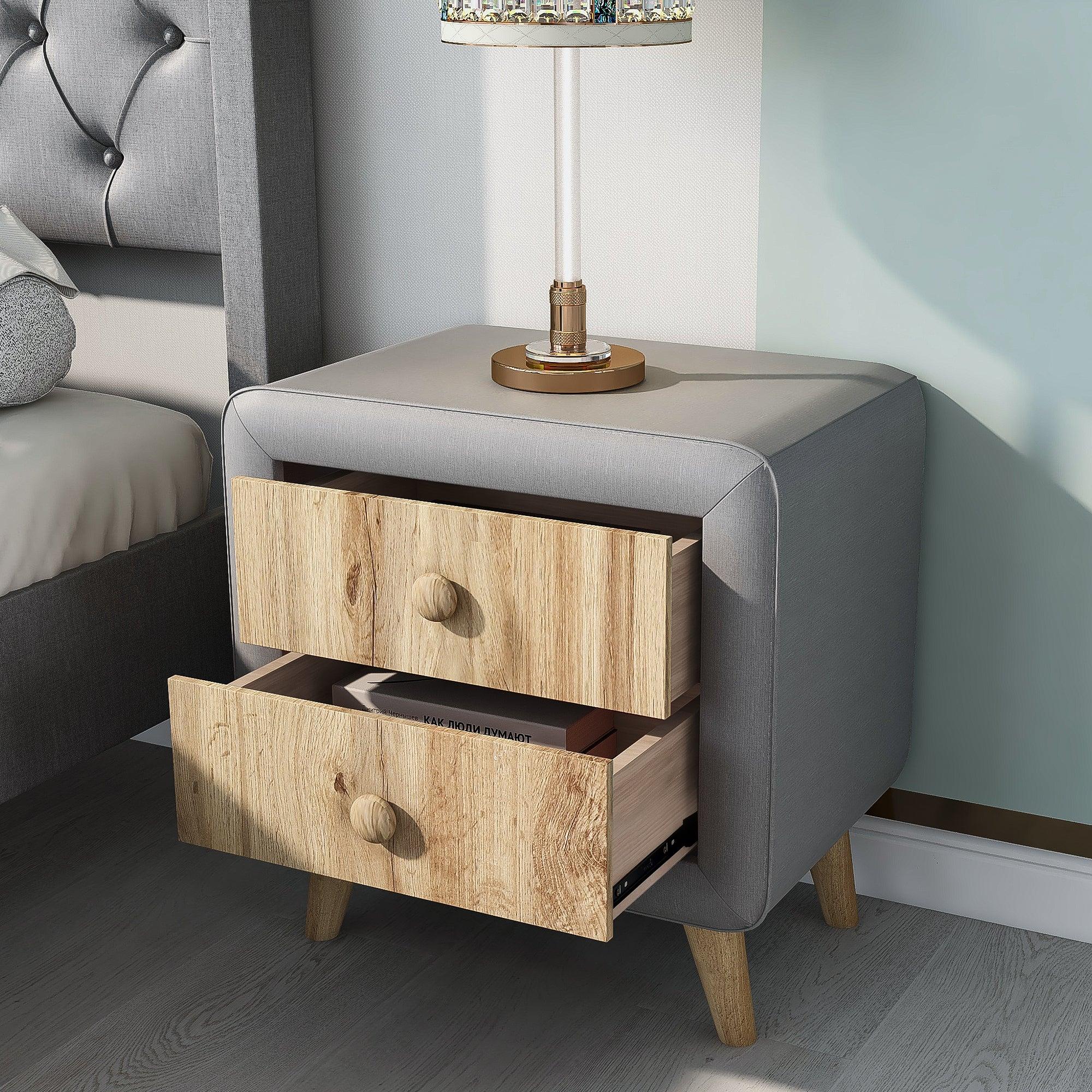 Upholstered Wooden Nightstand with 2 Drawers,Fully Assembled Except Legs and Handles,Bedside Table with Rubber Wood Leg-Gray