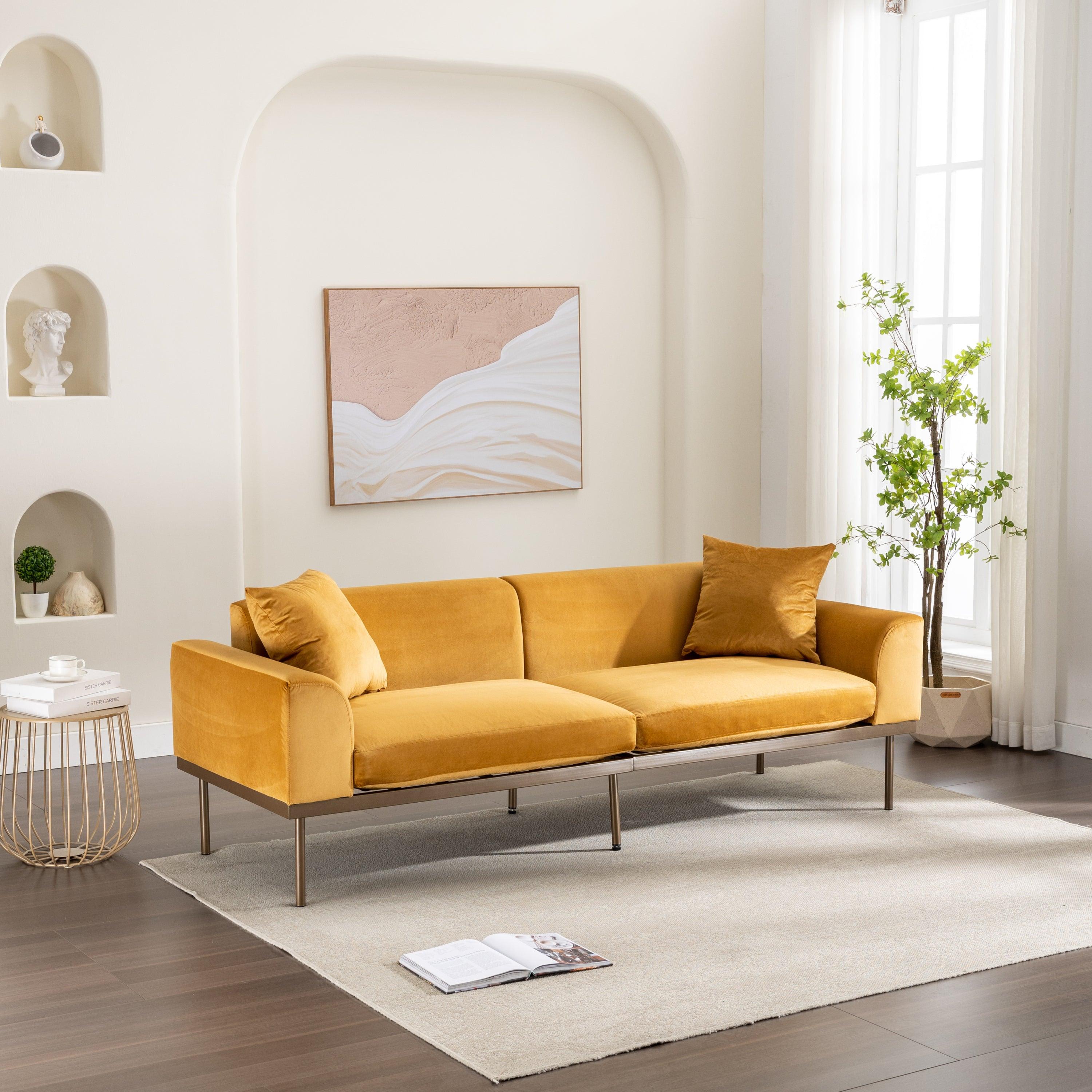 Modern Velvet Sofa with Metal Legs,Loveseat Sofa Couch with Two Pillows for Living Room and Bedroom, Mustard