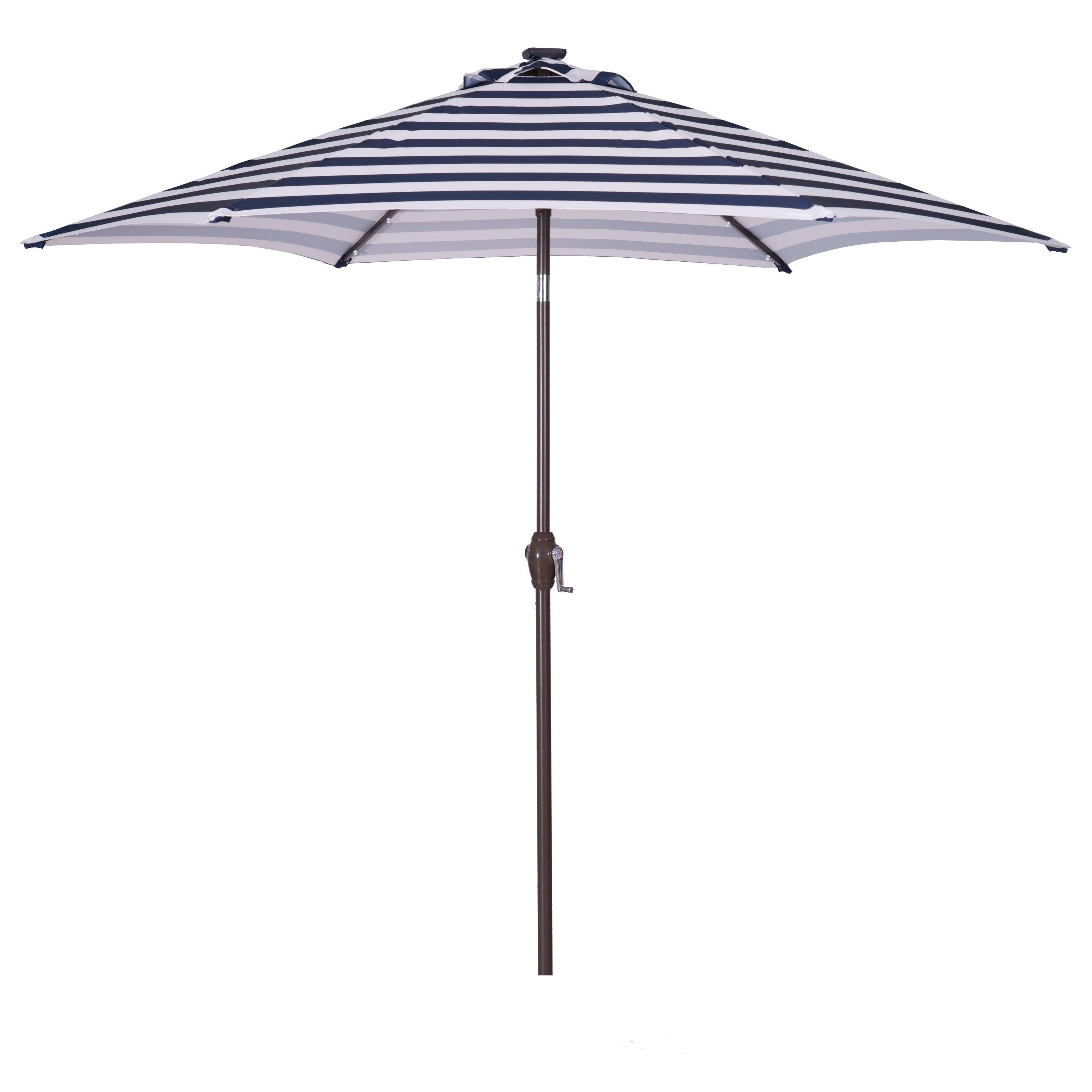 Outdoor Patio 8.7-Feet Market Table Umbrella with Push Button Tilt and Crank, Blue White Stripes With 24 LED Lights[Umbrella Base is not Included]