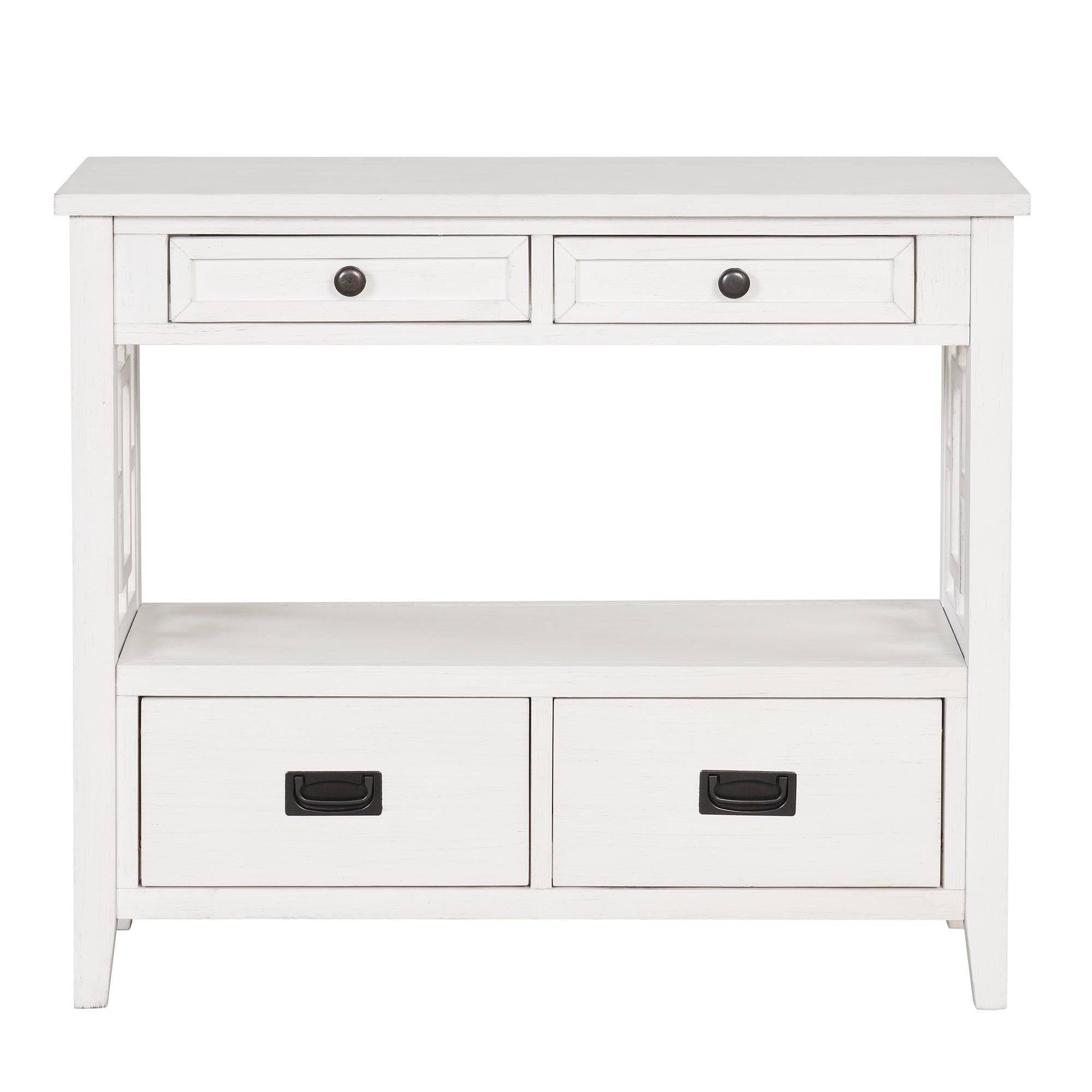 36'' Farmhouse Pine Wood Console Table Entry Sofa Table with 4 Drawers & 1Storage Shelf for Entryway Living Room Bedroom Hallway Kitchen (Antique White)