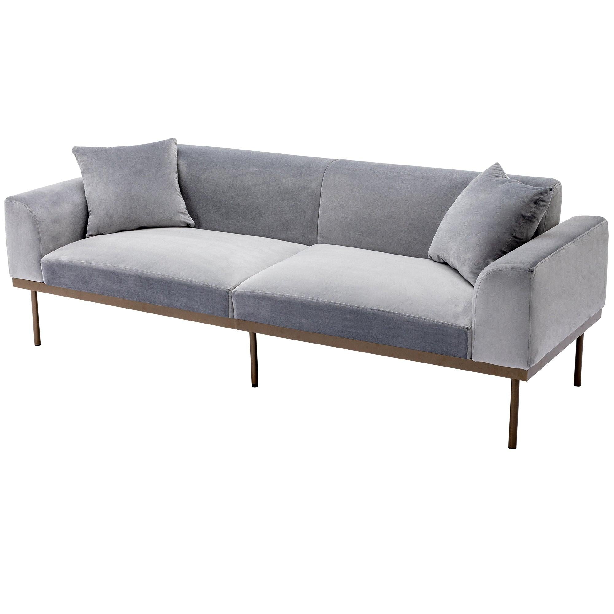 Modern Velvet Sofa with Metal Legs,Loveseat Sofa Couch with Two Pillows for Living Room and Bedroom,Grey