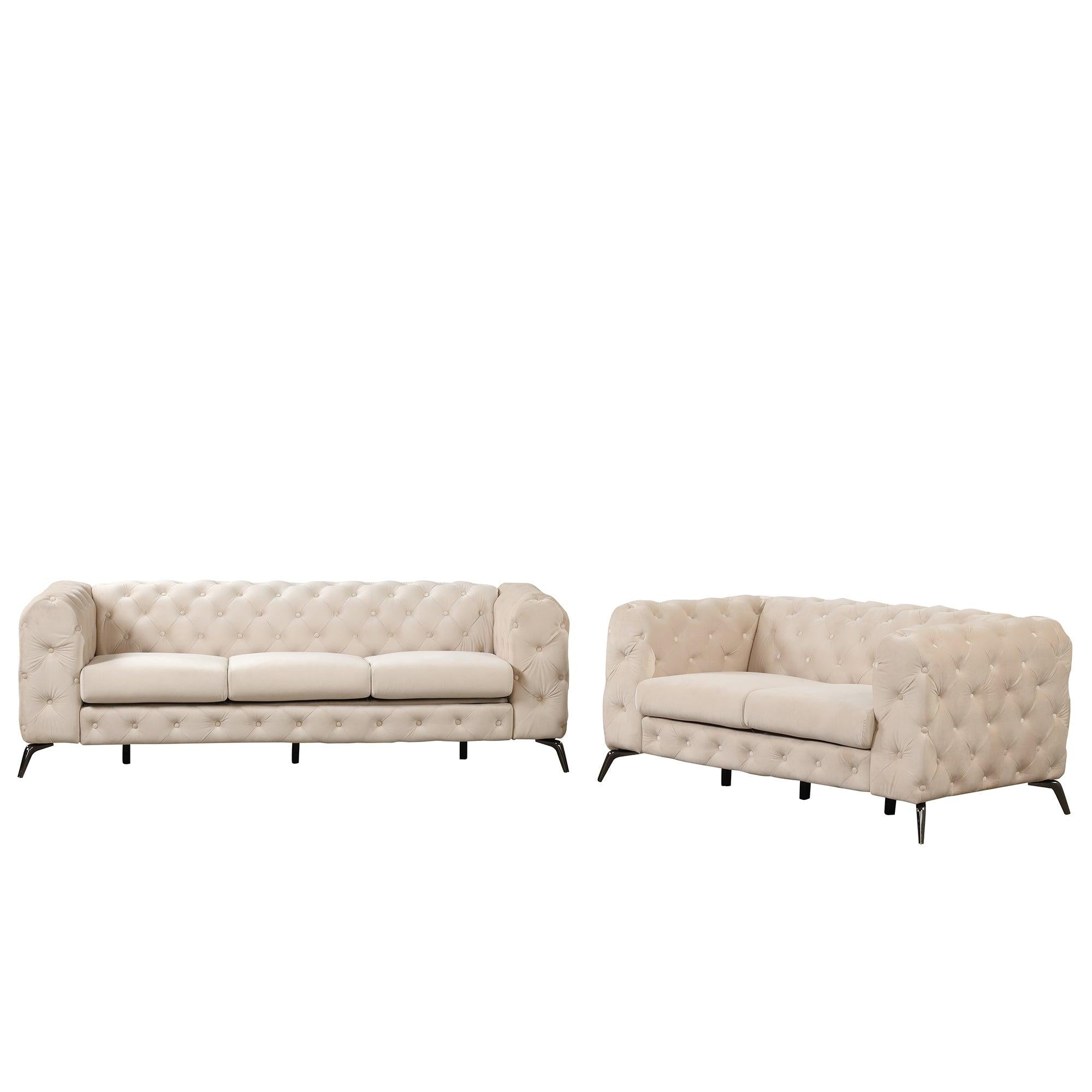 Modern 3-Piece Sofa Sets with Sturdy Metal Legs,Velvet Upholstered Couches Sets Including Three Seat Sofa, Loveseat and Single Chair for Living Room Furniture Set,Beige