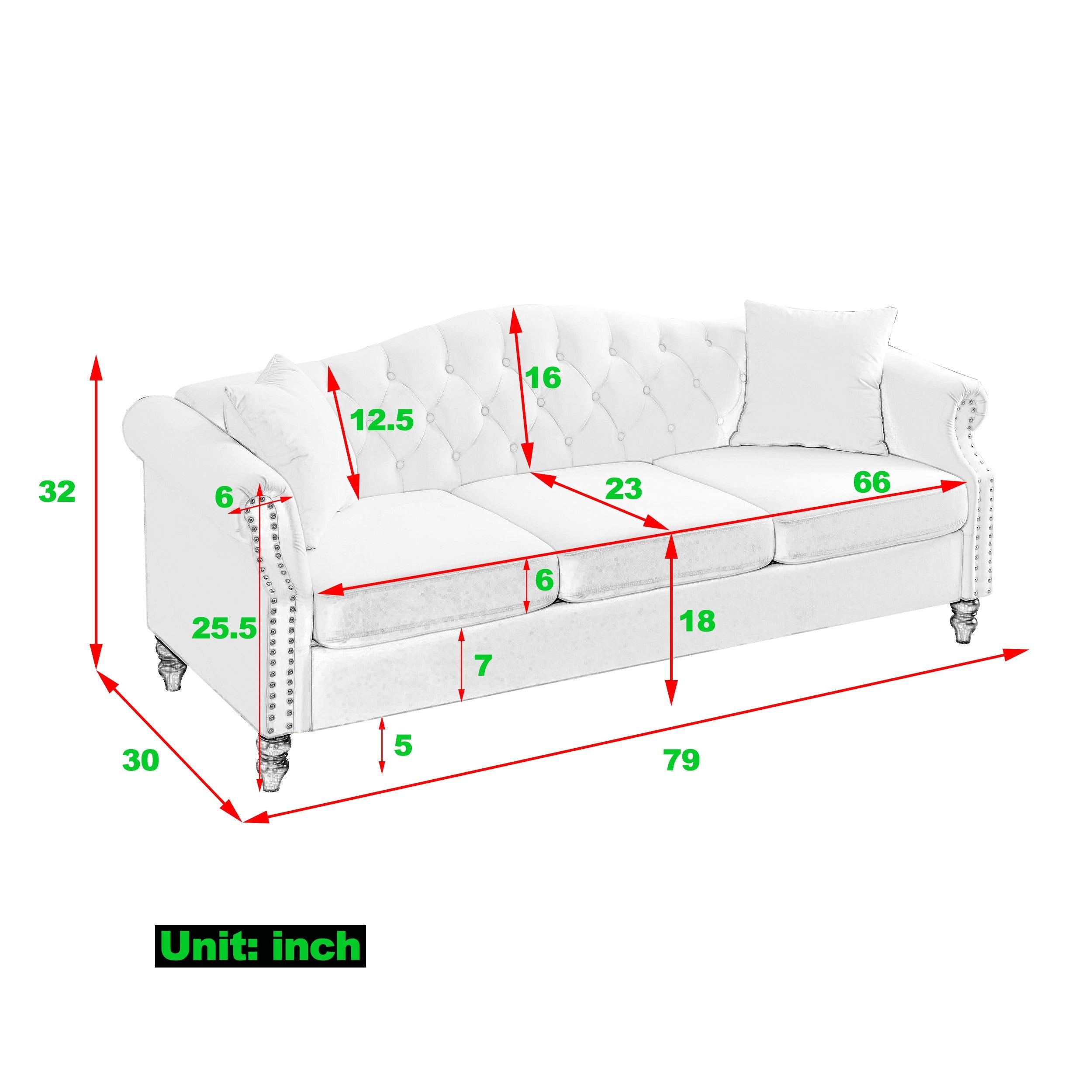 79" Chesterfield Sofa Teddy white for Living Room, 3 Seater Sofa Tufted Couch with Rolled Arms and Nailhead for Living Room, Bedroom, Office, Apartment, two pillows