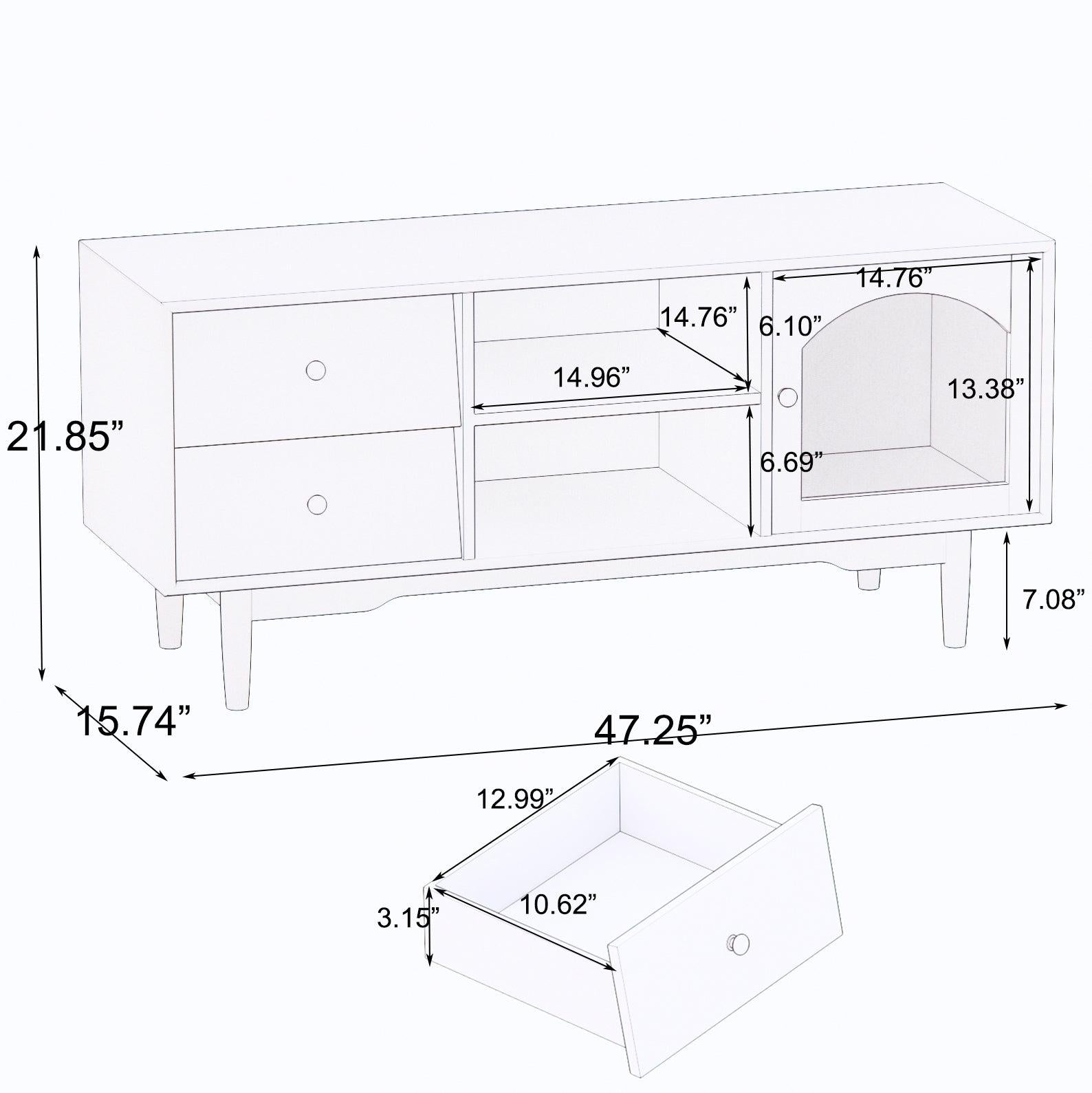 Living Room White TV Stand with Drawers and Open Shelves, A Cabinet with Glass Doors forStorage