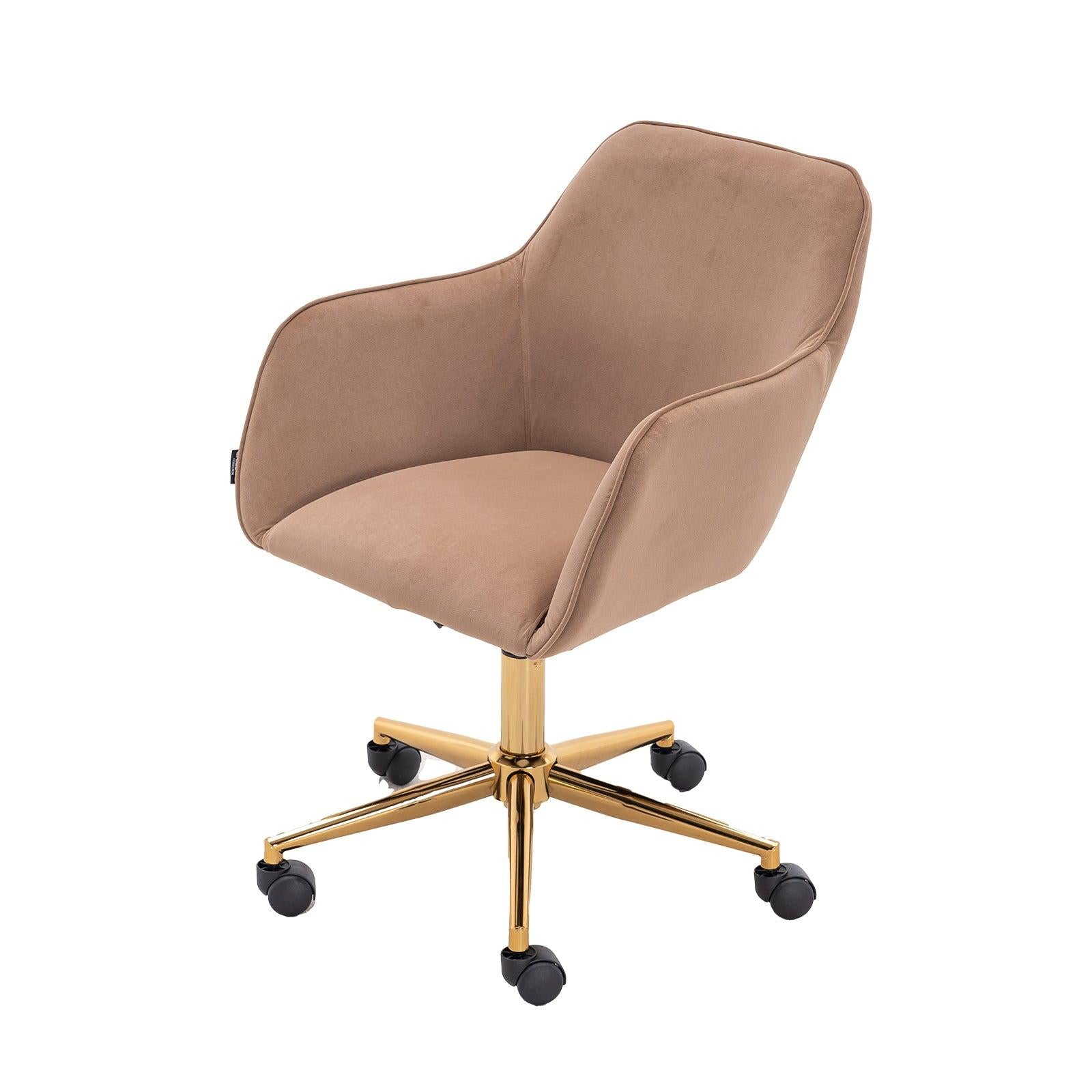 Modern Velvet Fabric Material Adjustable Height 360 revolving Home Office Chair with Gold Metal Legs and Universal Wheels for Indoor,Light Coffee Brown