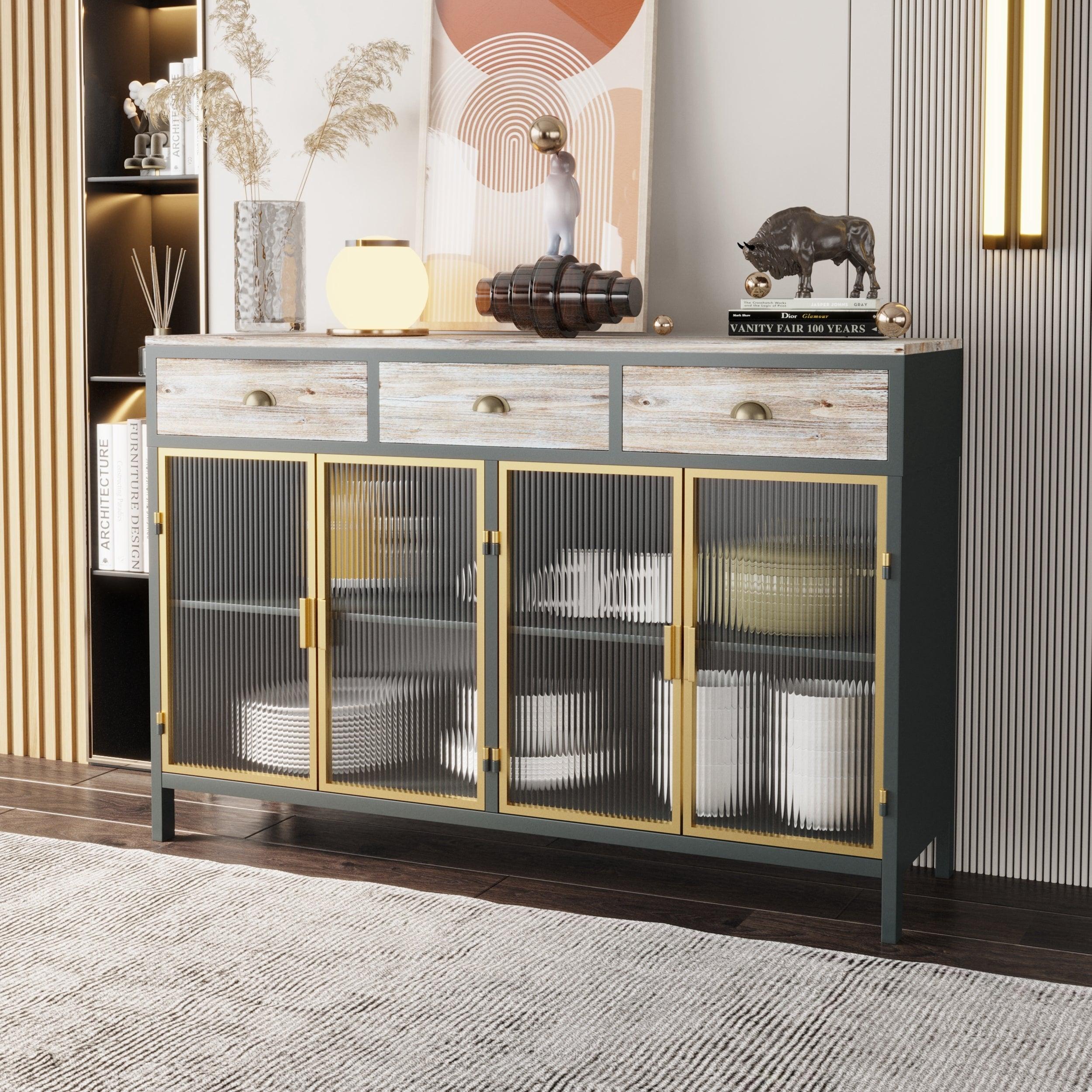 48"  Wide 4 Glass DoorsModern Sideboard with 3 Top Drawers, Freestanding SideboardStorage Cabinet Entryway Floor Cabinet for Living Room Office Bedroom