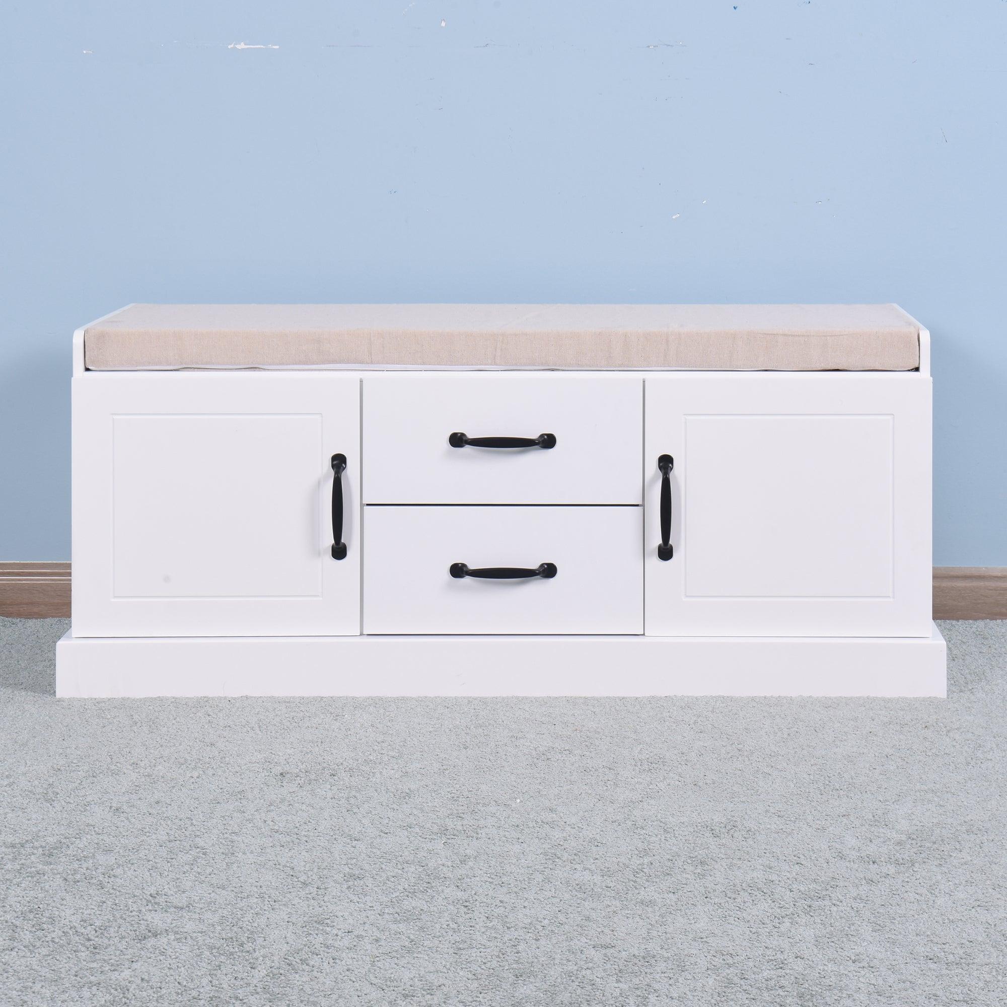 Wooden EntrywayShoe Cabinet with 2 Drawers and 2 Doors Living RoomStorage Bench with White Cushion