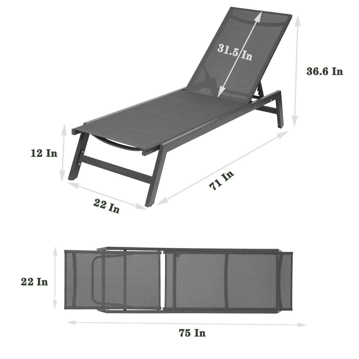 2 PCS Outdoor Chaise Lounge Adjustable Aluminum Recliner Chair - Gray