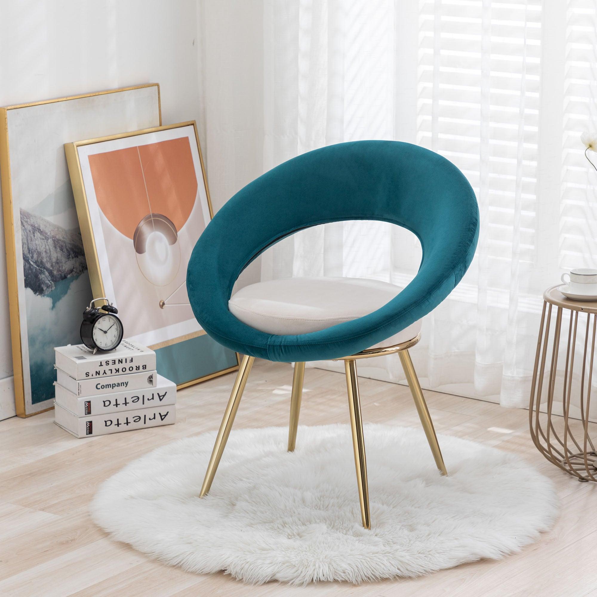 Peacock Blue+Off-White VelvetModern accent/Conversation Lounge Chair With  Gold Plated Legs, unique appearance，Suitable For Office, Lounge, Living Room image