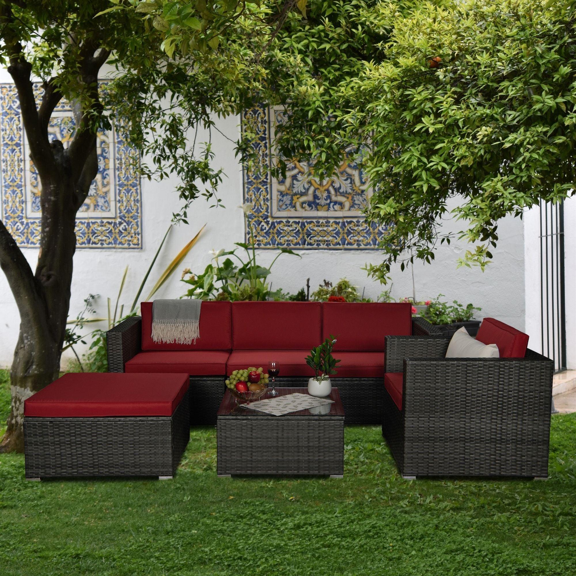 Outdoor Garden Patio Furniture 6-Piece Gray PE Rattan Wicker Sectional Red Cushioned Sofa Sets with 1 Beige Pillow