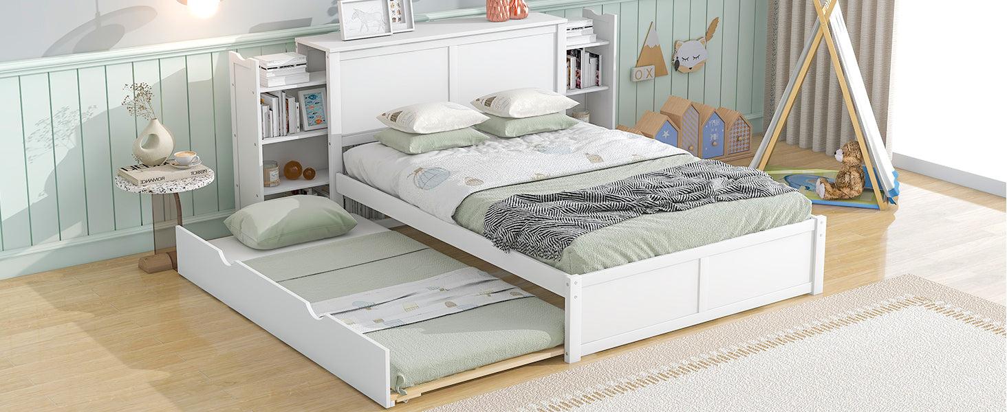 Full SizeStorage Platform Bed with Pull Out Shelves and Twin Size Trundle, White