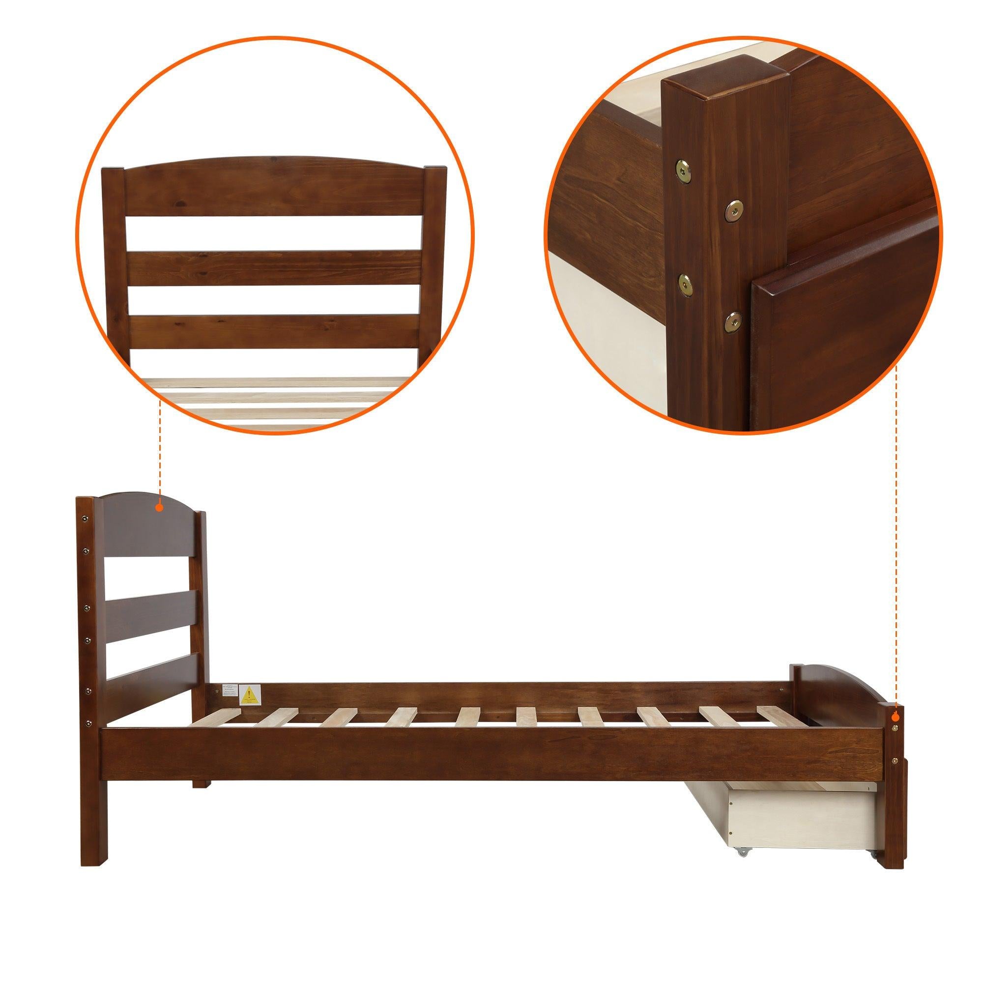 Platform Twin Bed Frame withStorage Drawer and Wood Slat Support No Box Spring Needed, Walnut