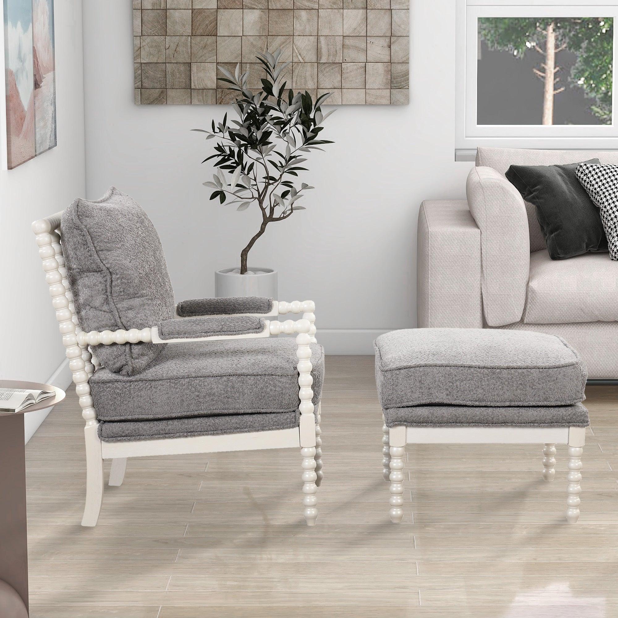 The Spindal Chair Velvet Accent Chair with Ottoman,Modern Lounge Accent Chair with Armrests pad, Reading Chair with Footrest for Small Space, Living room, White+Gray