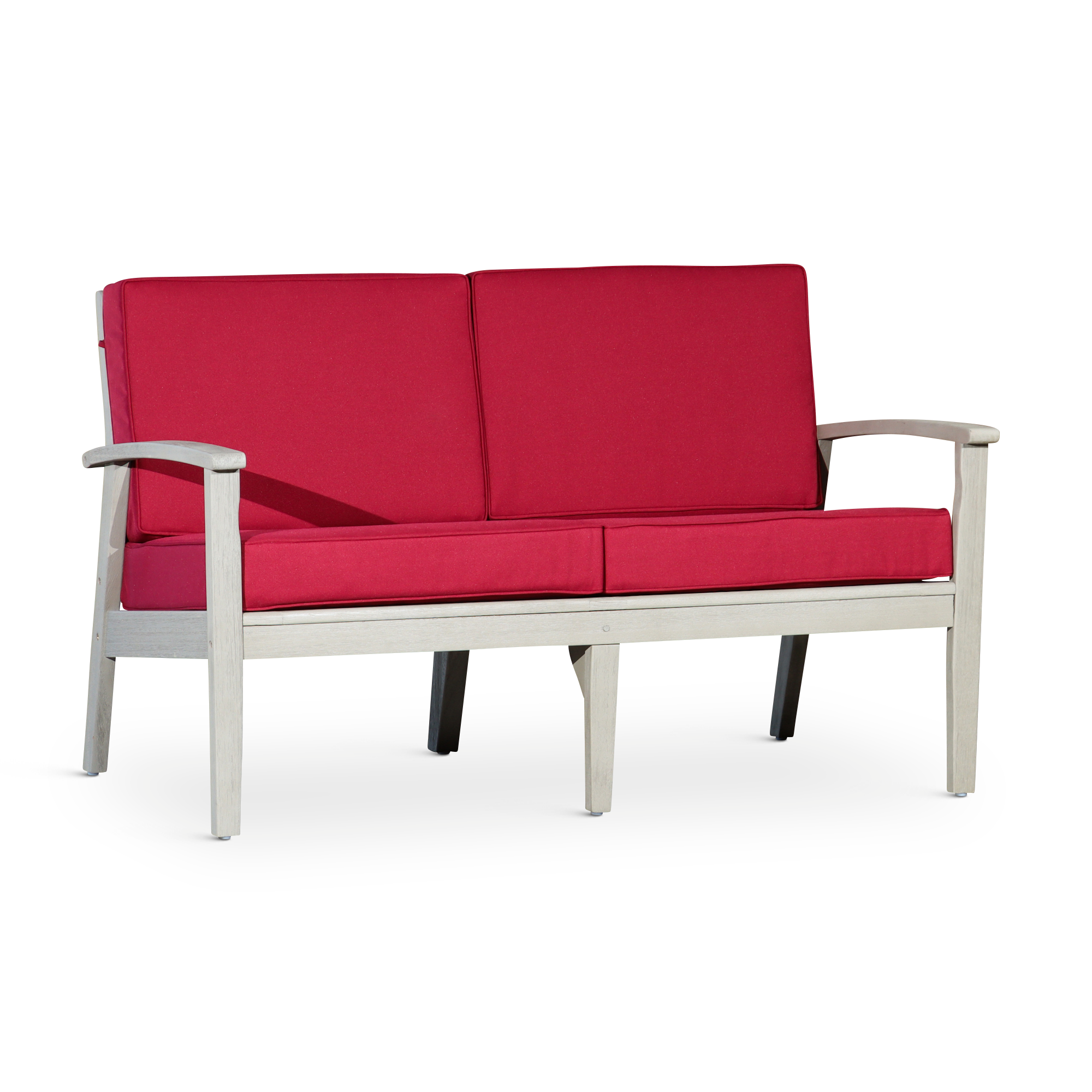 Eucalyptus Loveseat with Cushions, Driftwood Gray Finish, Burgundy Cushions image