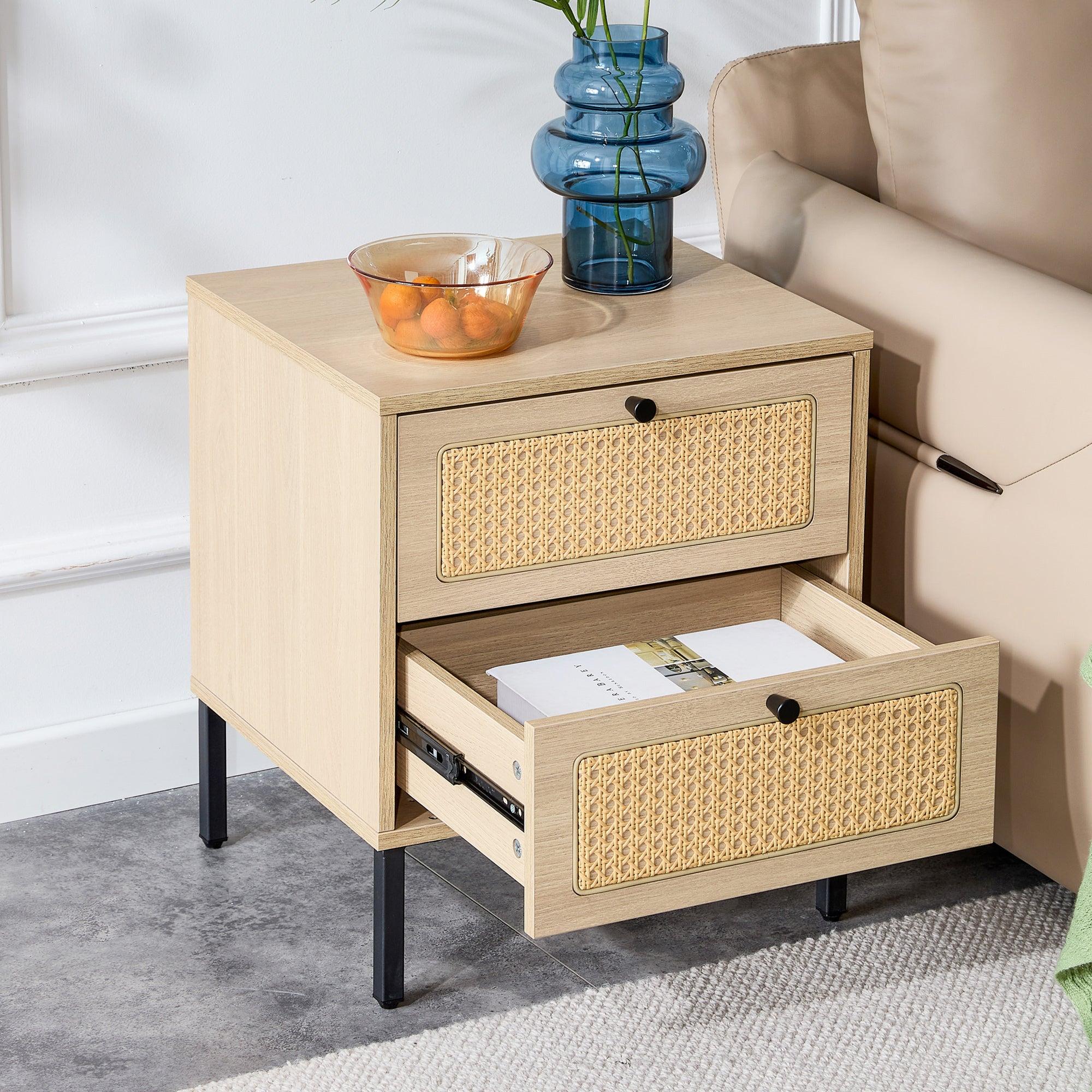 Modern simpleStorage cabinet MDF Board bedside cabinet Japanese rattan bedside cabinet Small household furniture bedside table.Applicable to dressing table in bedroom, porch, living room.2 Drawers