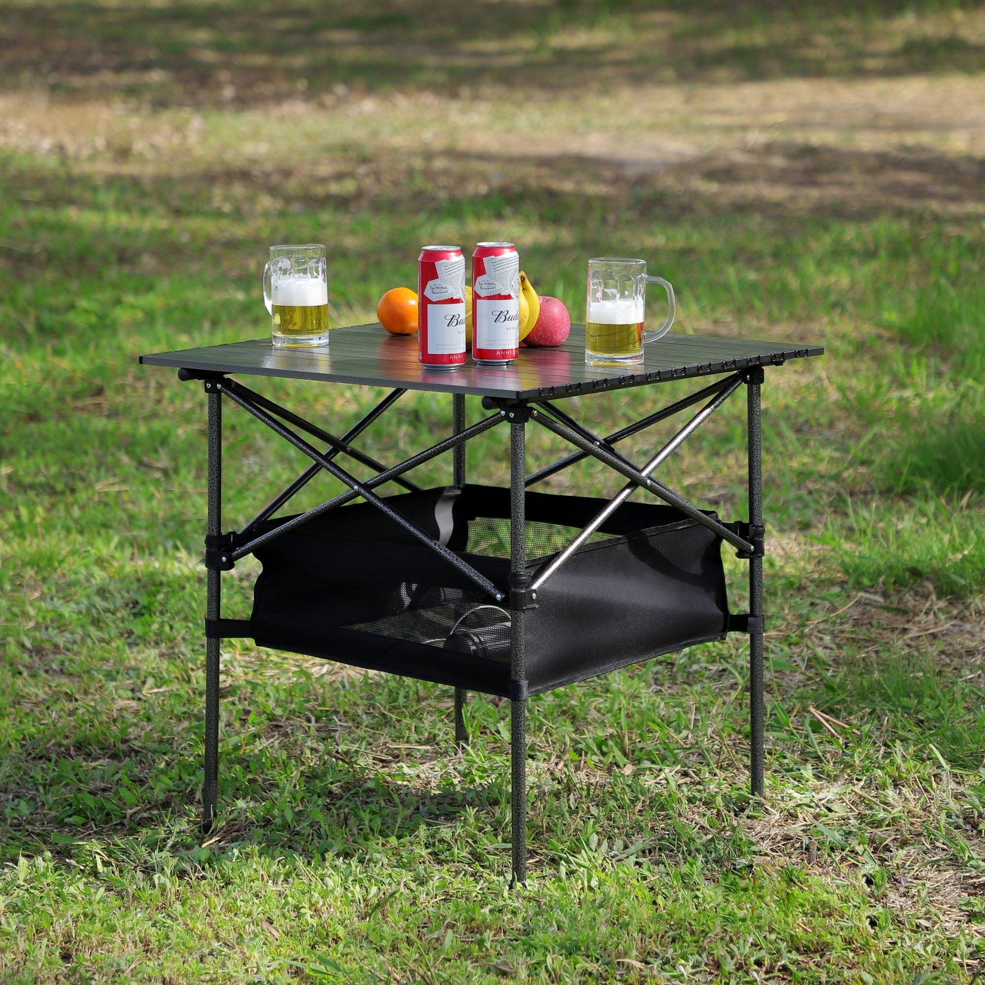 1-piece Folding Outdoor Table with Carrying Bag,Lightweight Aluminum Roll-up Square Table for indoor, Outdoor Camping, Picnics, Beach,Backyard, BBQ, Party, Patio, 27.56X27.56X27.56in, Black image